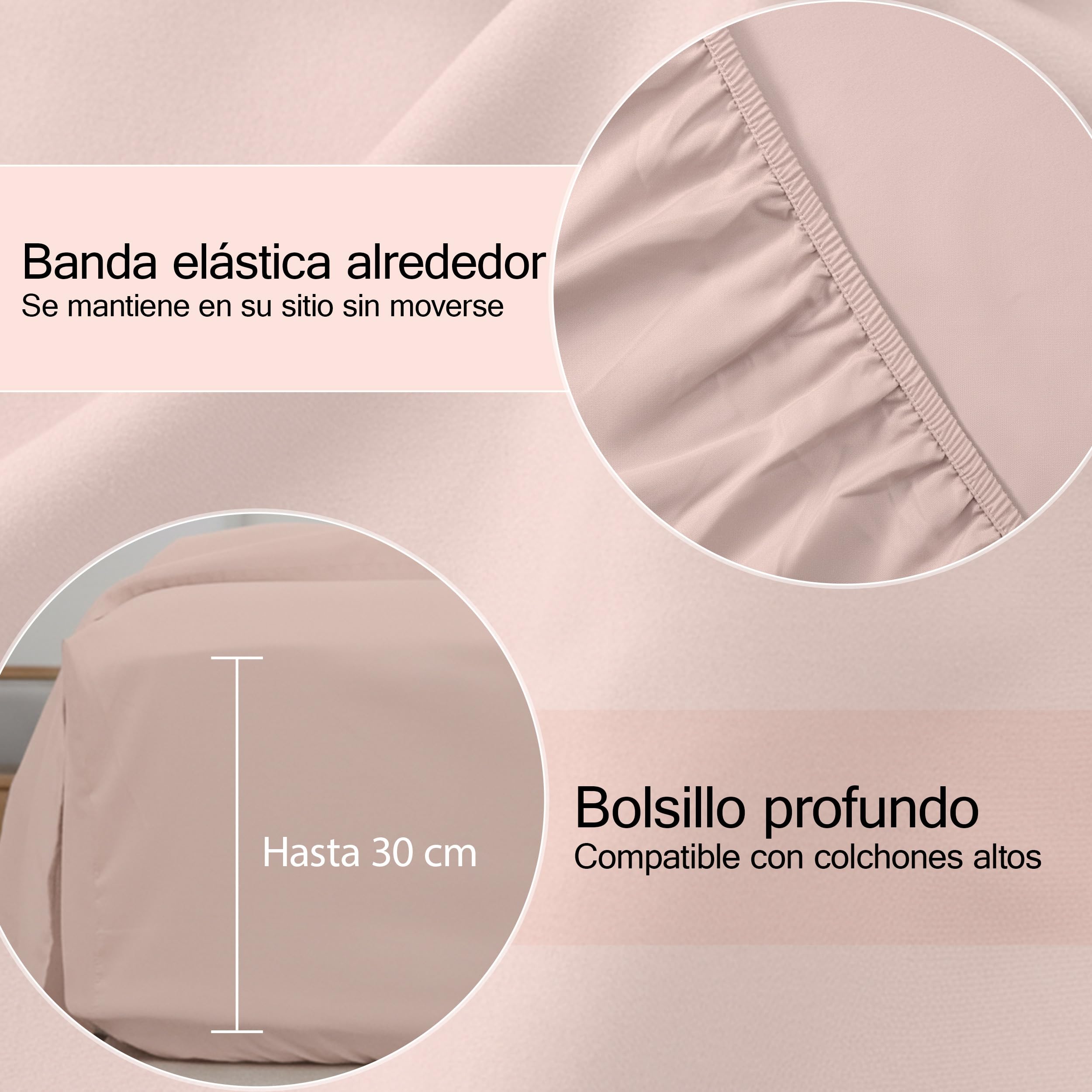 H HANSEL HOME Juego de Sábanas de Microfibra Cepillada, Sábana Bajera Ajustable Altura 30 cm, Encimera y Fundas de Almohada, para Cama 135cm, 4 Piezas 135x190/200cm - Rosa Claro - 3