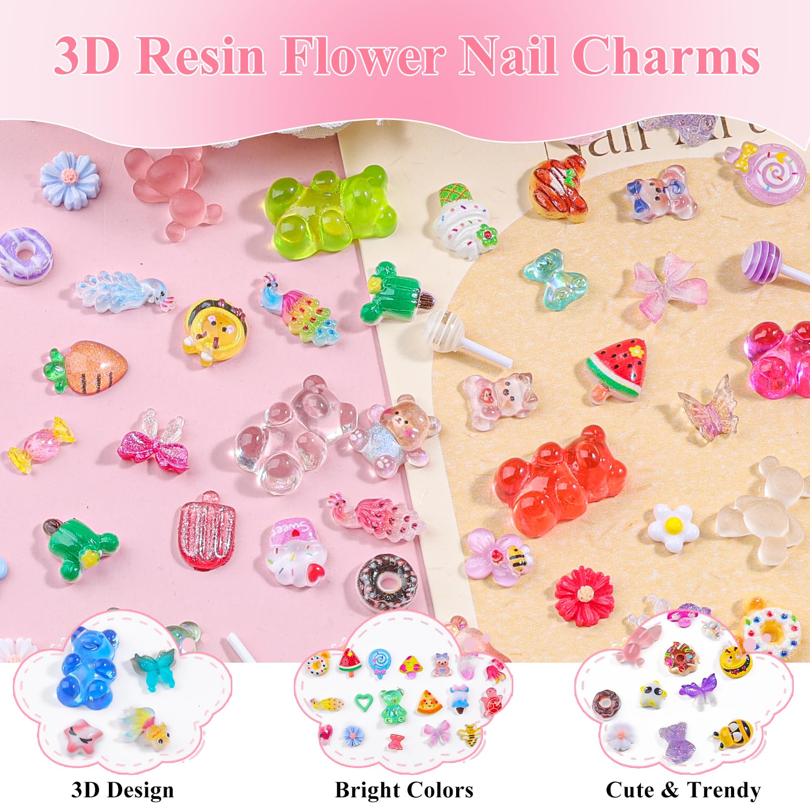Zestaw 250 szt. kawaii 3D cukierkowe zawieszki do paznokci, Y2K kreskówka żelki niedźwiedź pszczoły owoc ananas słodkie cukierki lizak pączek lody urocze serce gwiazda kokardki mieszane kolory