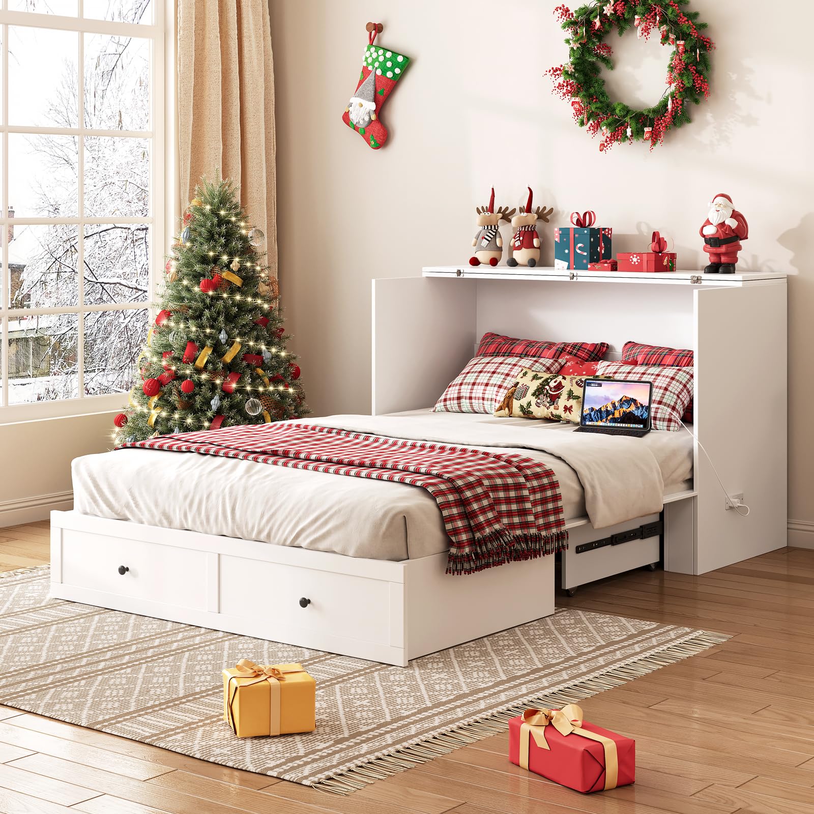 Full Size Murphy Bed with Charging Station & Drawer, Full Size Mobile Cabinet Bed Frame, Murphy Chest Bed for Bedroom, Guest Room