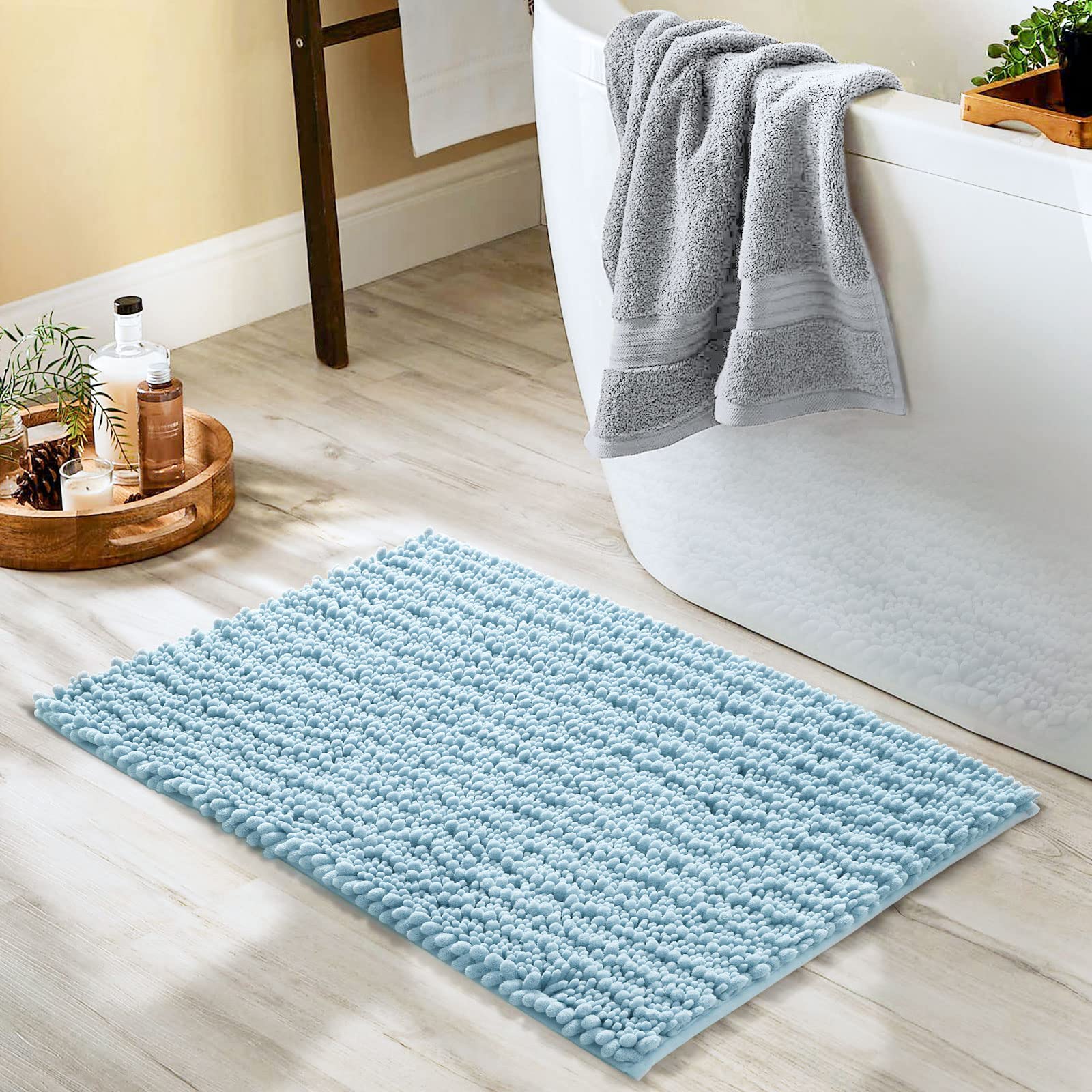 Amrapur Overseas Chenille Noodle 34in X 21in Blue Cotton Bath Rug In
