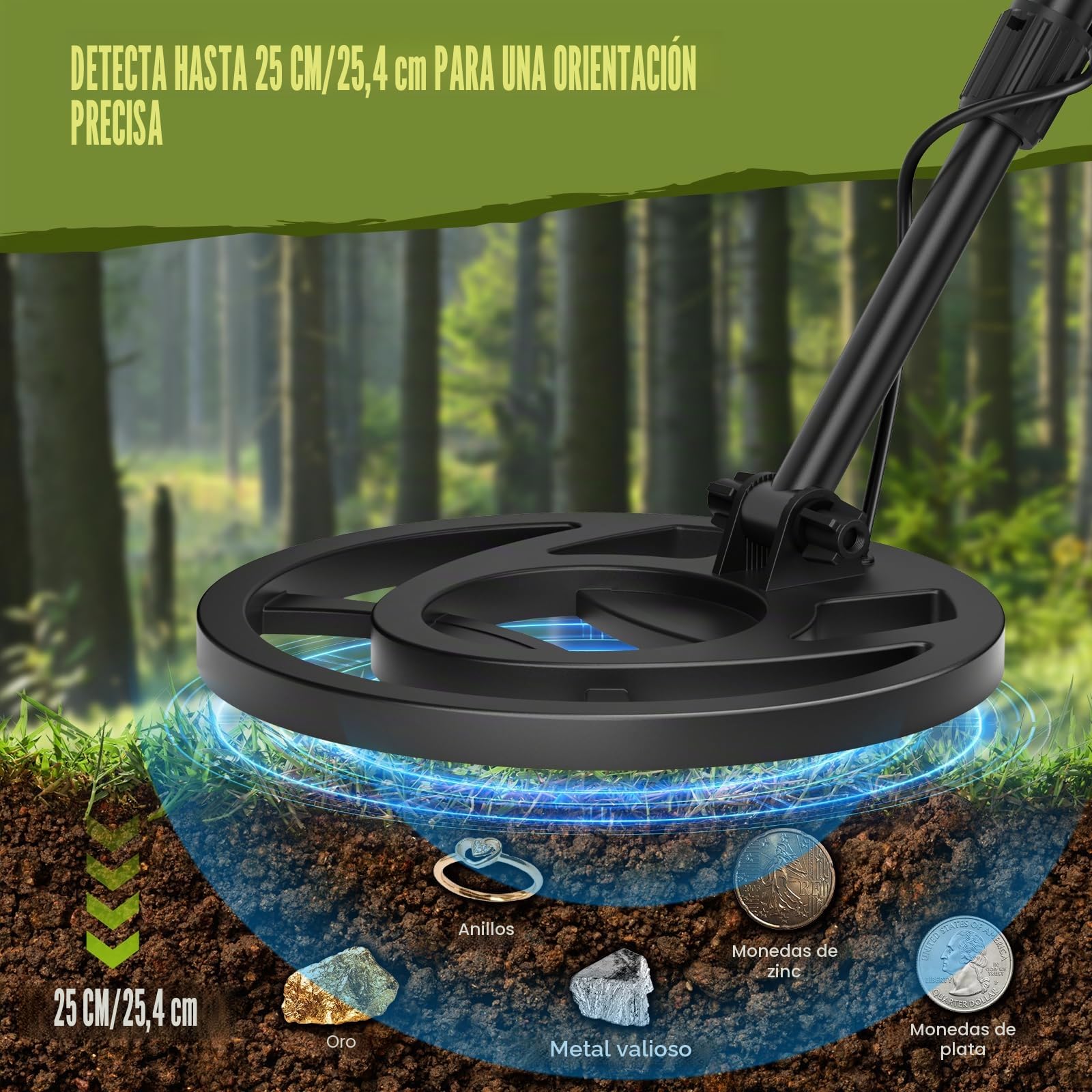 Detector de Metales Profesional para Adultos y Niños, Longitud Ajustable (113-141 cm), Set de Detector de Metales con Bobina de Búsqueda Resistente al Agua IP68 (Verde)