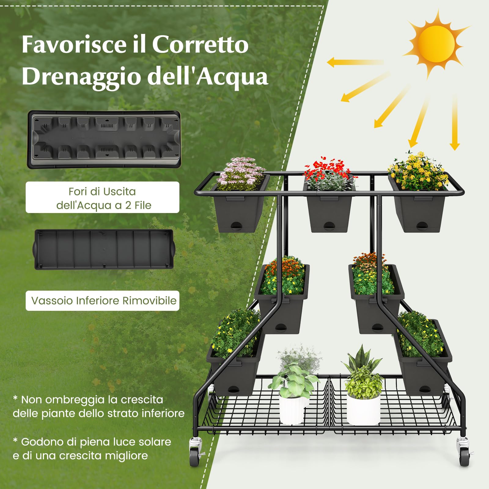 RELAX4LIFE Fioriera da Esterno, Scaffale Porta Piante con 7 Scatole, Fori di Drenaggio e Cesti di Stoccaggio, Supporto per Piante con Ruote Bloccabili per Balcone e Giardino
