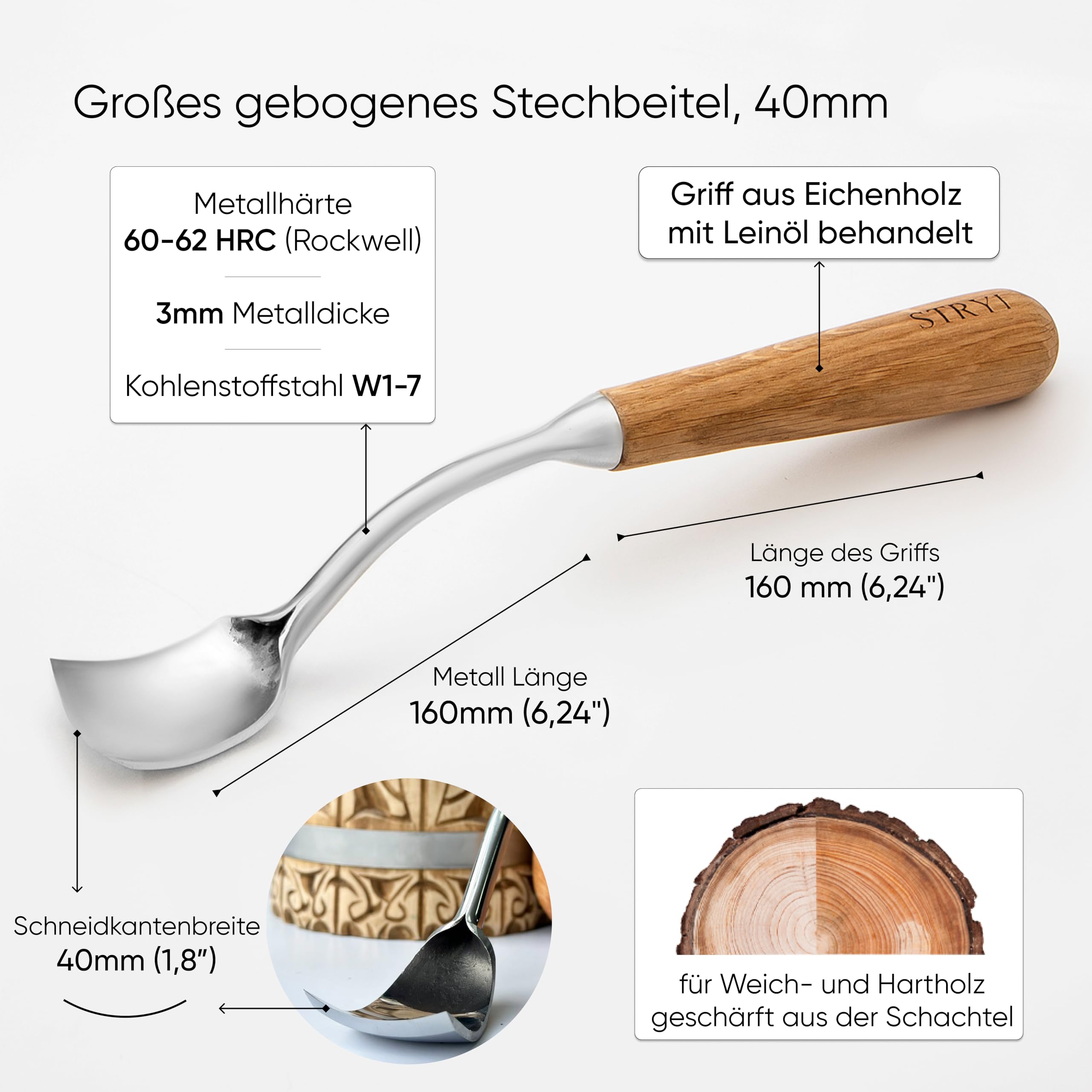 STRYI Profesjonalne, duże, zakrzywione żelazko – 40 mm – ręcznie kute narzędzie do głębokiego rzeźbienia w drewnie – idealne do kuksa, łyżek, misek – uchwyt z drewna dębowego