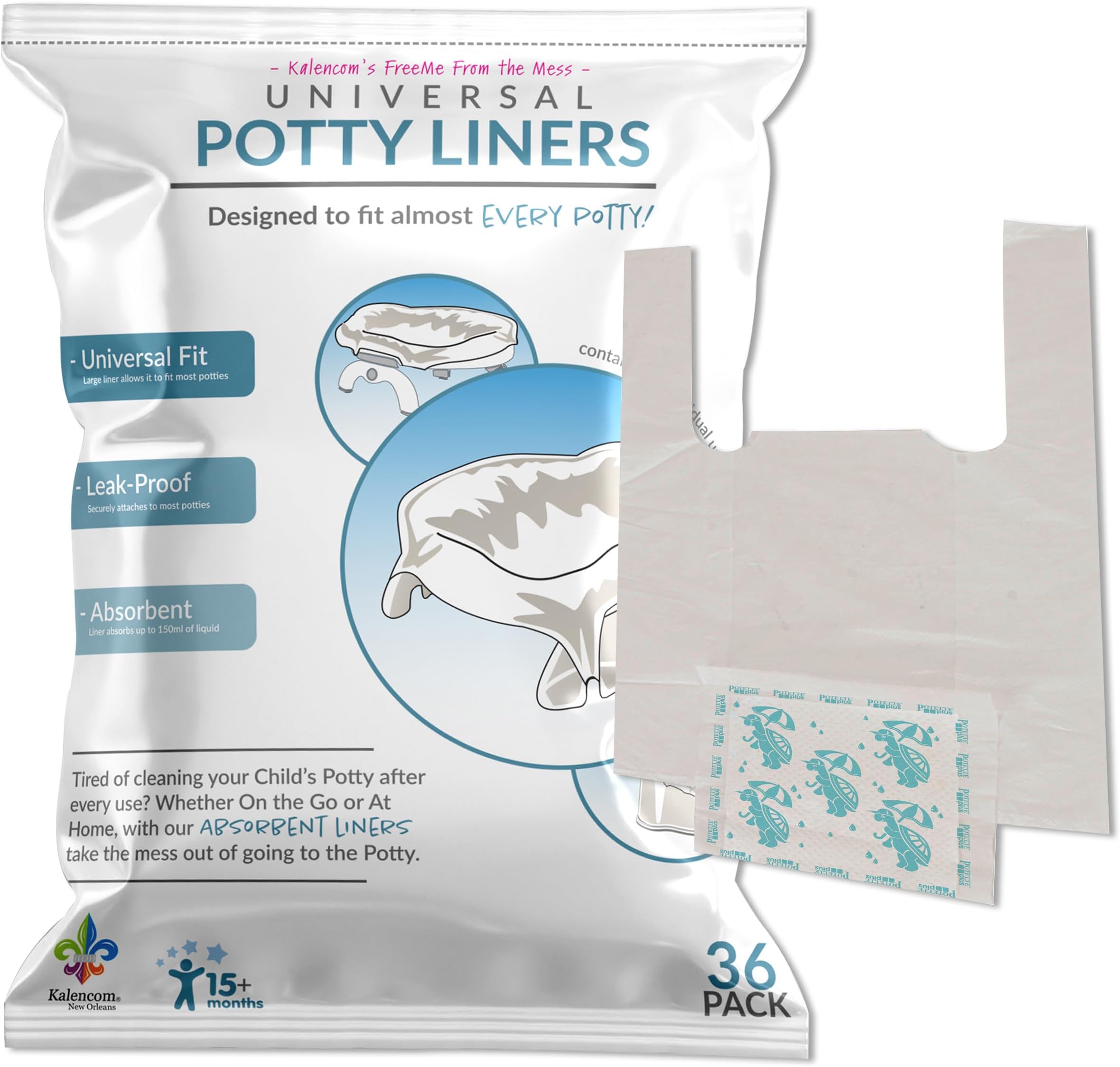 Kalencom Universal Potty Liners - Disposable Potty Liners for Toddlers - Absorbent and Leakproof - Compatible with Potette Travel Potty and Most Standard Toddler Potties - 36 Count