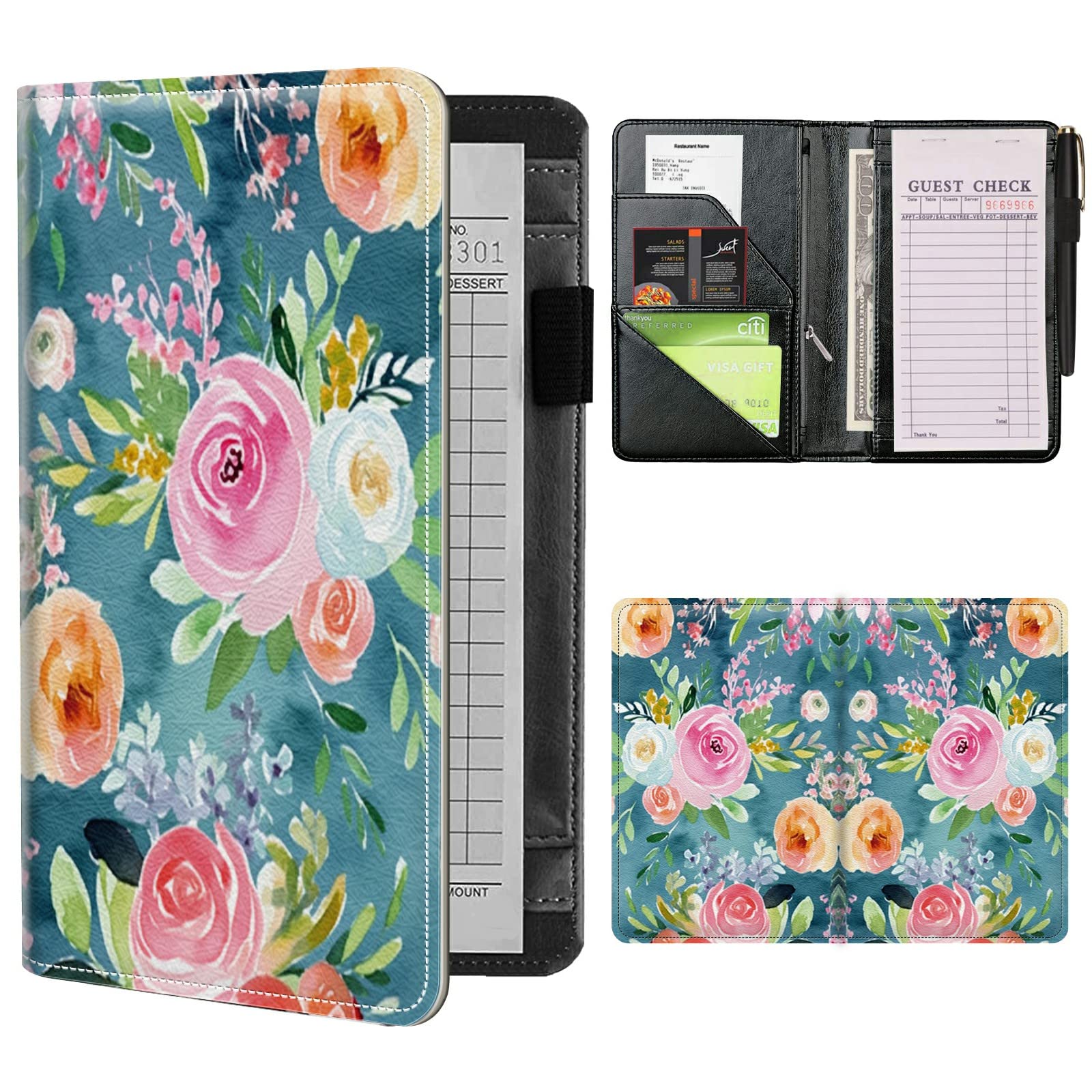 Server Books for Waitress Waiter with Zipper Pocket, Watercolor Florals Leather Server Pads Waitstaff Organizer Guest Check Presenters Server Wallet Money Holder Pouch Fit Apron