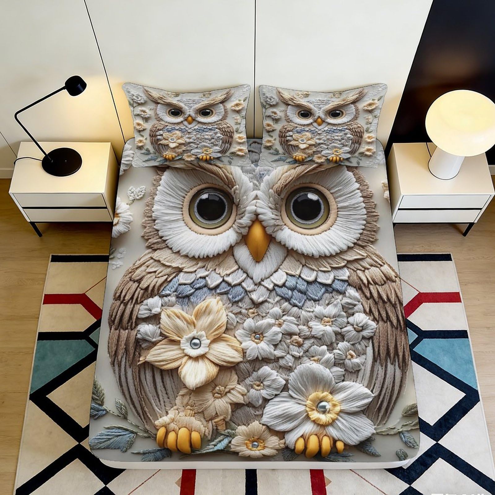 3D Printed Owl Floral Fitted Sheet Microfiber Deep Pocket Non-Slip Owl Mattress Fitted Cover Elastic Hem for Bedroom Adult 140x200x25cm