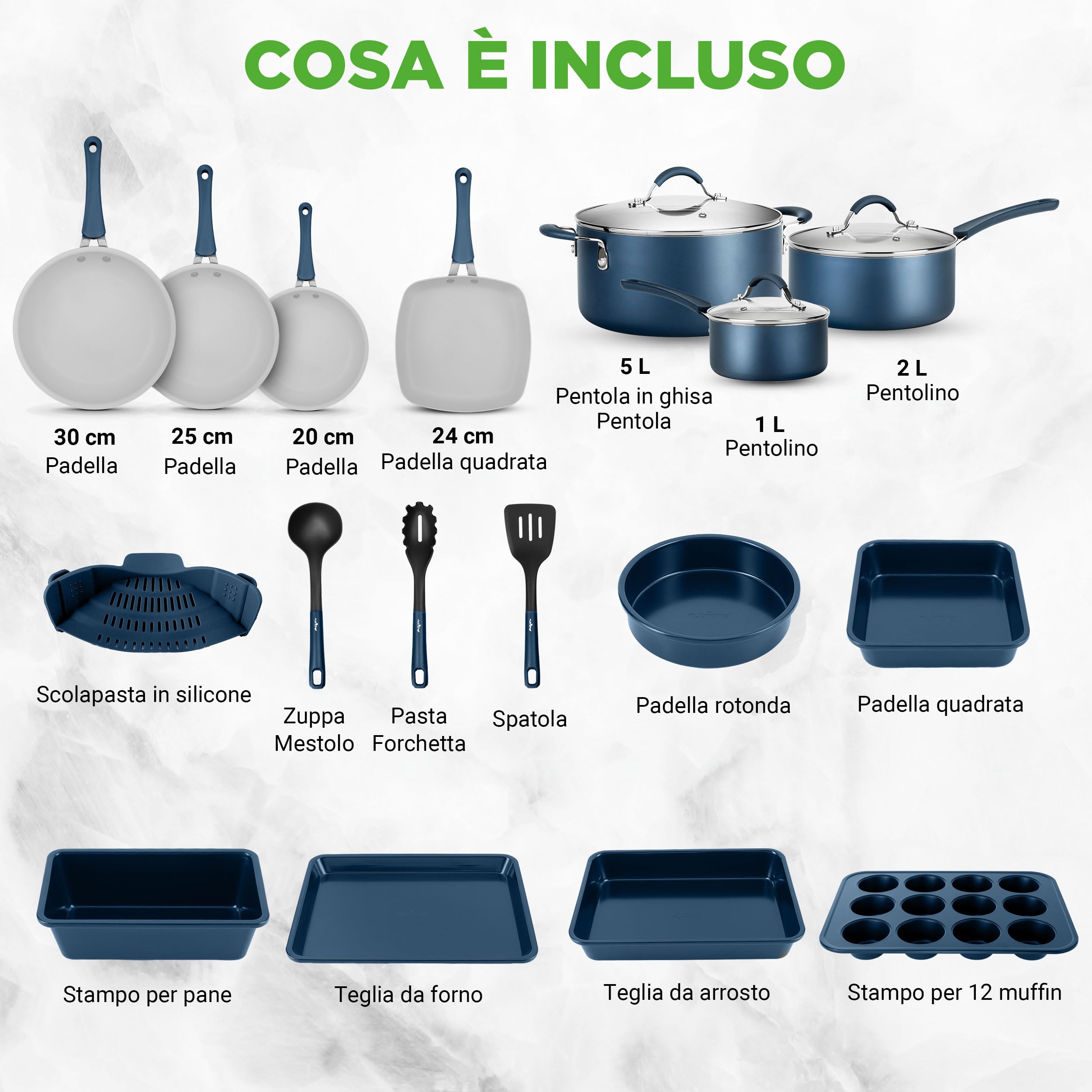 NutriChef Set di Pentole e Padelle Antiaderenti 20 Pezzi, Padella Antiaderente, Manici a Prova di Calore, Adatto per Fornelli a Gas, Elettrici e a Induzione, Facile da Pulire, Blu Marino