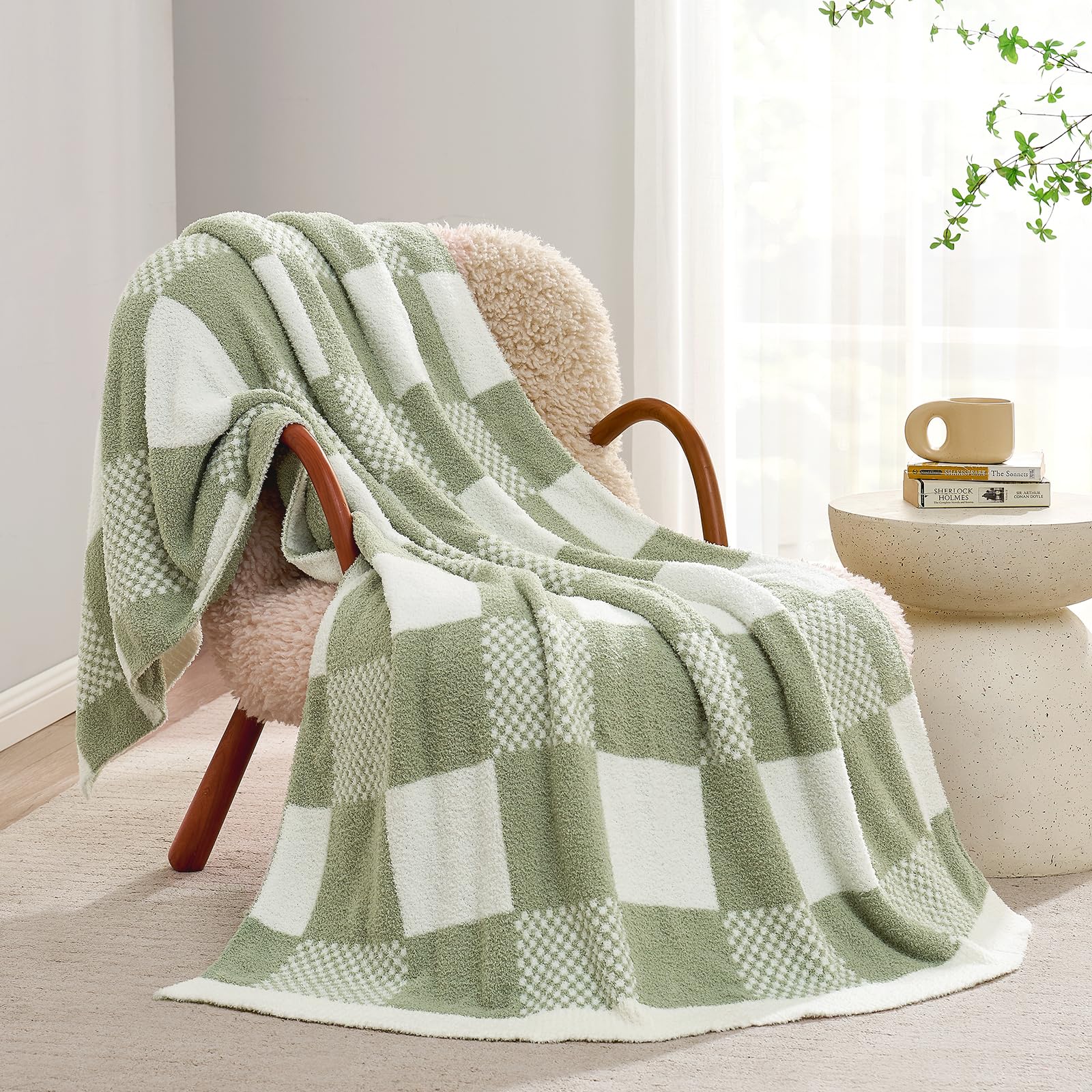 Snuggle Sac Checkered Blanket, Sage Green Throw Blanket for Couch Plaid Microfiber Fluffy Warm Cozy Fuzzy Soft Throw Blanket Reversible Checker Blankets for Sofa, Chair, Bed, 50x60 inches — image 1