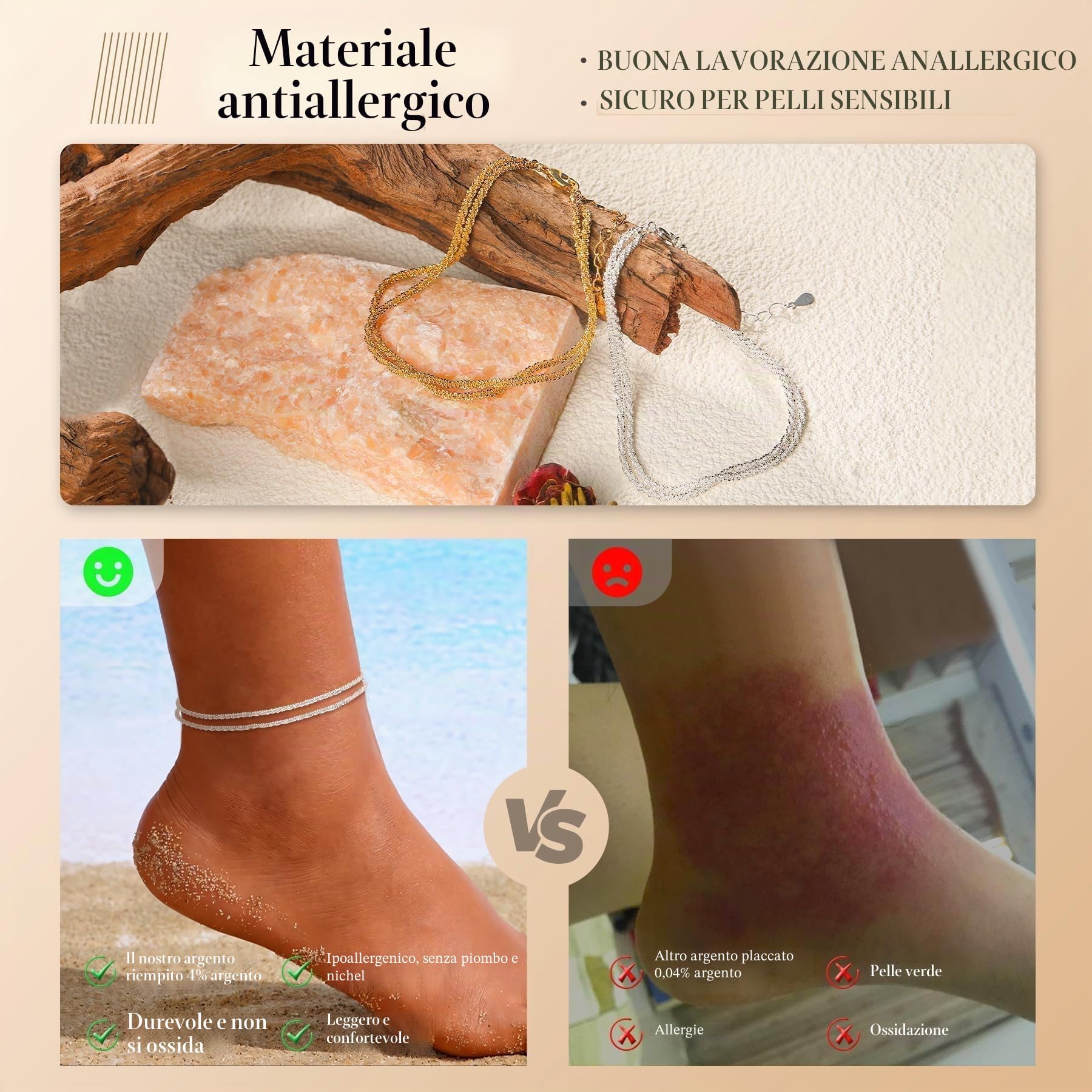 Kenivira Cavigliere da donna, cavigliera impermeabile a strati per donna regolabile, set di cavigliere con perline e link in corda, cavigliere da spiaggia per donna