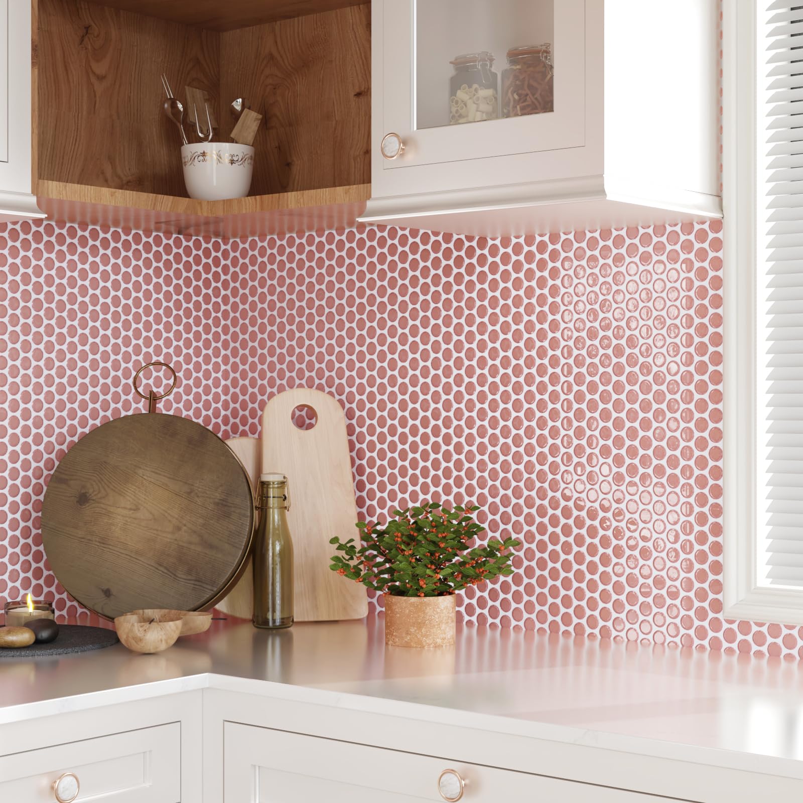 CRE8TIVE Azulejos Adhesivos Rosa Redondo 16 Piezas Vinilos Azulejos Autoadhesivo Mosaico Adhesivo Azulejos Adhesivos Cocina Moderno Cenefas Adhesivas Baño Impermeable Baldosas Lavadero 30.5 x 30.5cm