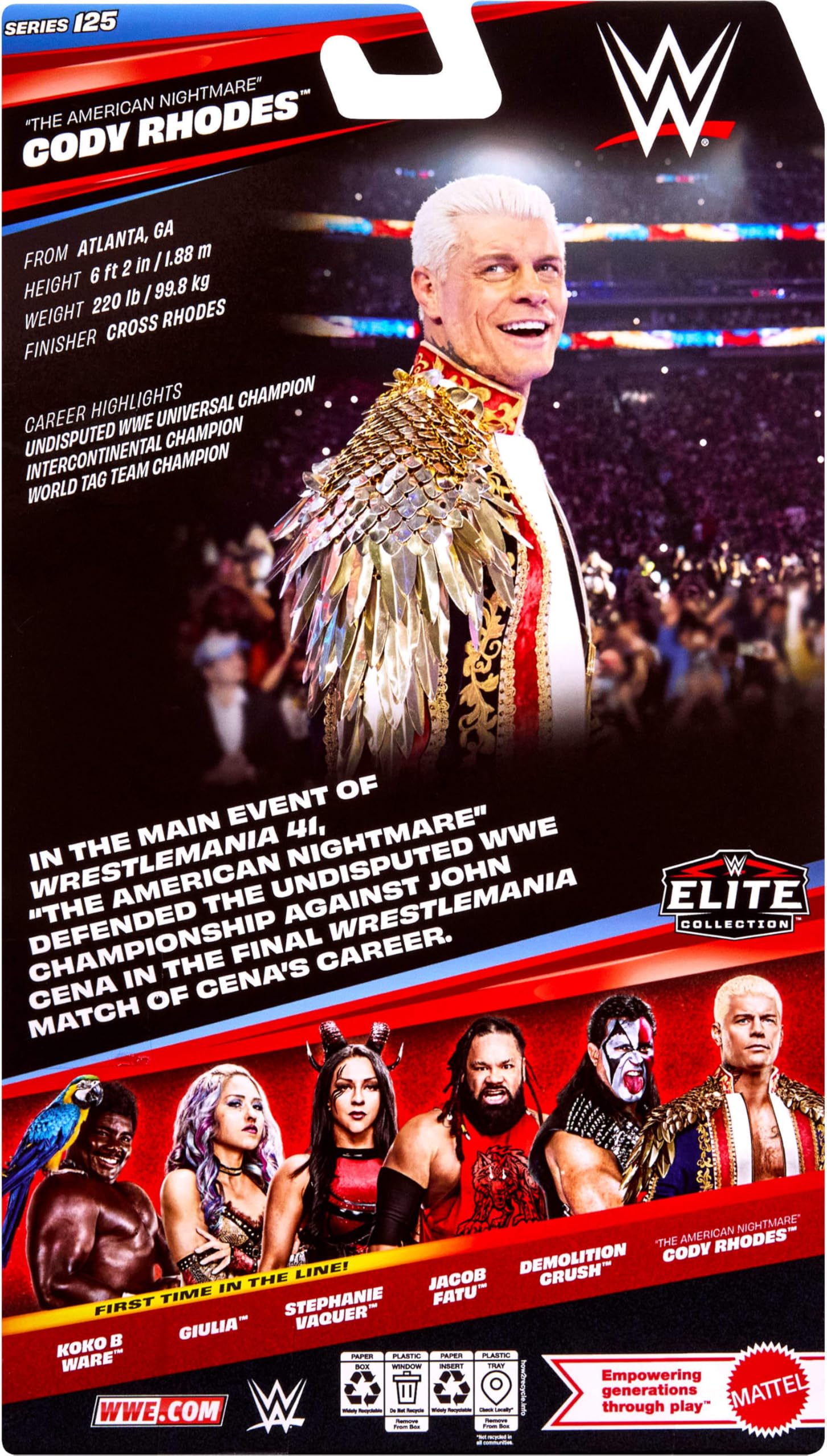 Mattel WWE Elite figurka i akcesoria, seria #125 zestaw, 15 cm kolekcjonerska Cody Rhodes z 25 punktami artykulacji i wymiennymi rękami