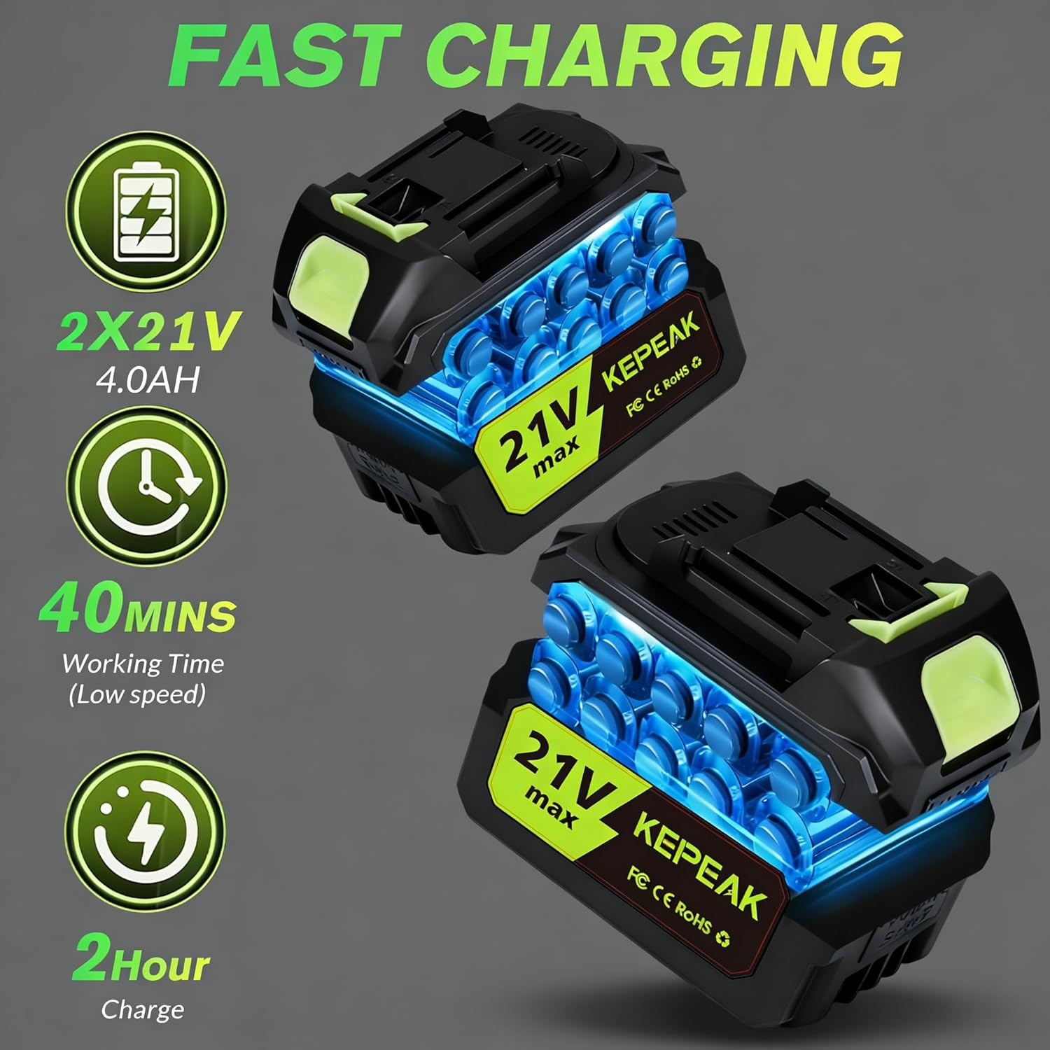 Leaf Blower Cordless, 650CFM & 280MPH Electric Leaf Blower with 2 x 21V4.0Ah Batteries and Fast Charger, 6 Speed Modes, for Lawn Care, Yard Work, Blowing Leaves, Dust