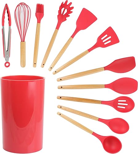 MegaChef Juego de utensilios de cocina de madera, 12 piezas, textura roja y madera