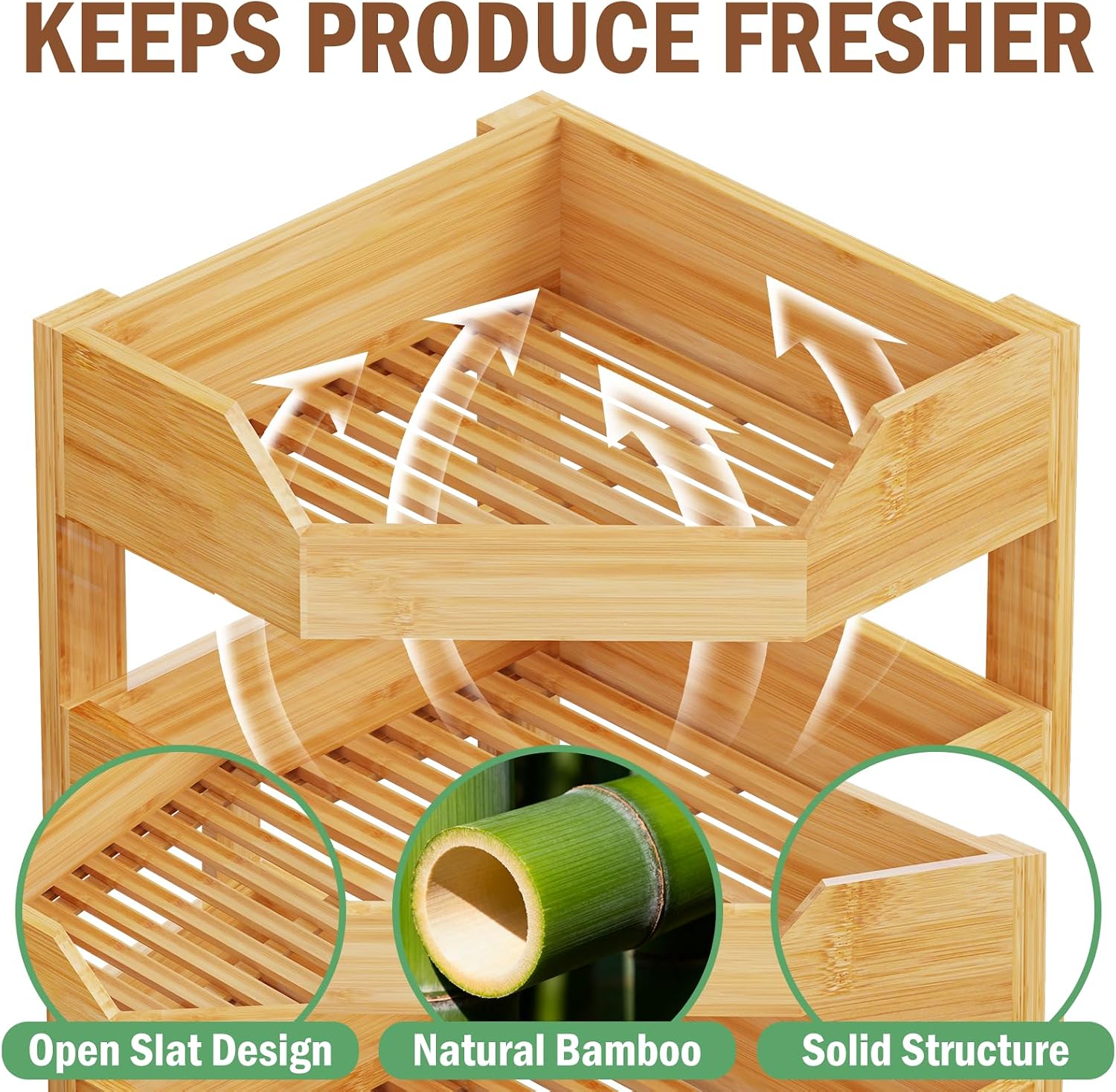 3 Tier Bamboo Corner Fruit Basket for Kitchen Counter, Large Fruit Holder