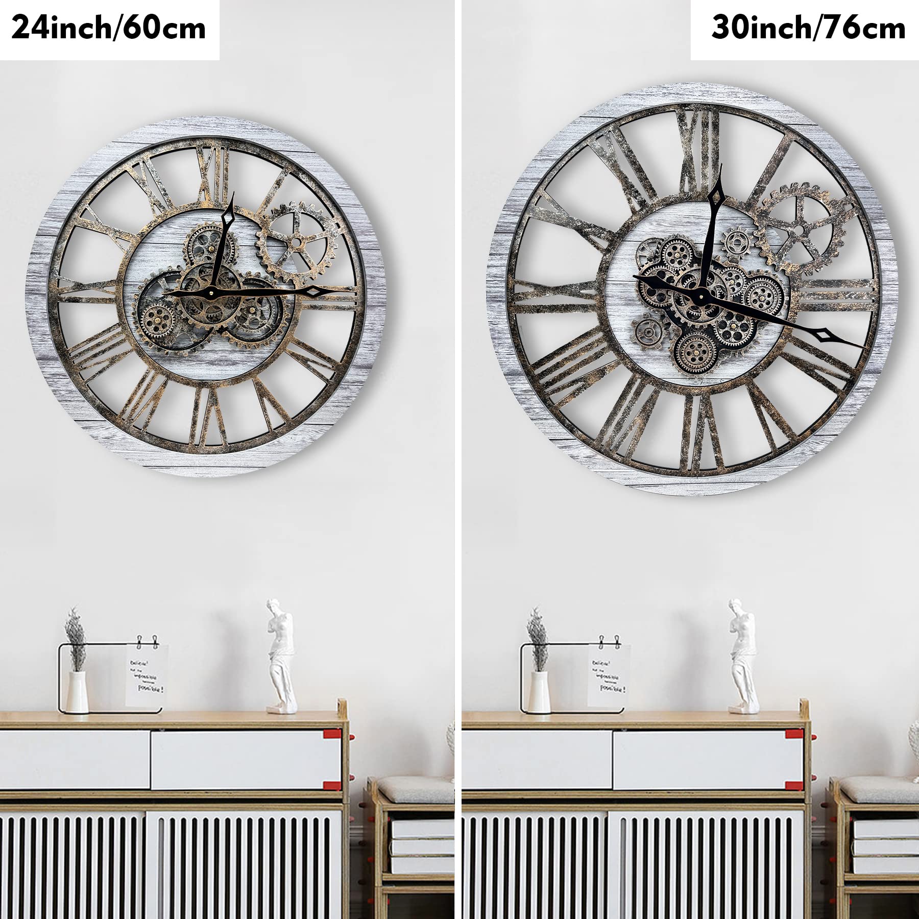 The B-Style Large Real Moving Gears Wall Clock 30 inch Rustic Retro Industrial Farmhouse Wood Clock Oversized Decorative Vintage Wall Clocks for Living Room (Silver Gray)