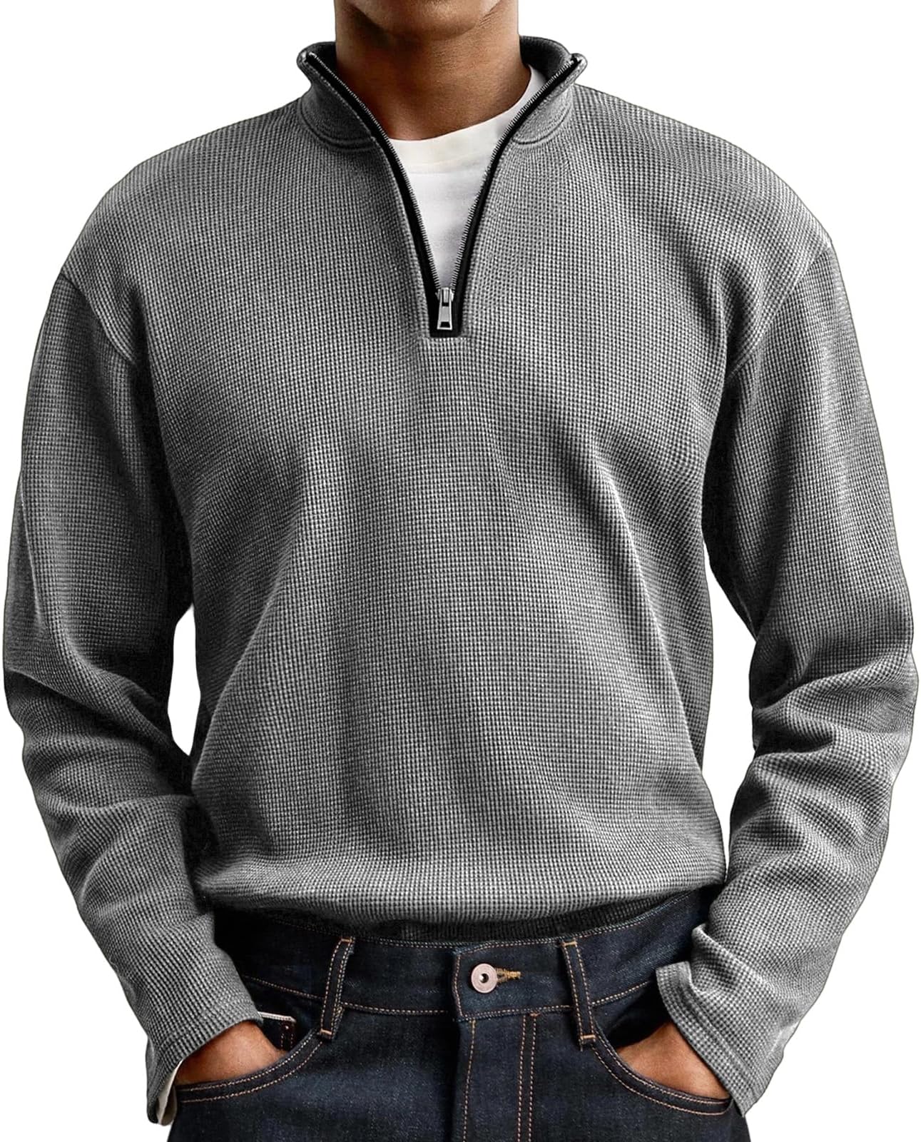 Quarter Zip Pullover Sweaters for Men Casual Mock Neck Winter Warm Long Sleeve Ribbed Polo Top