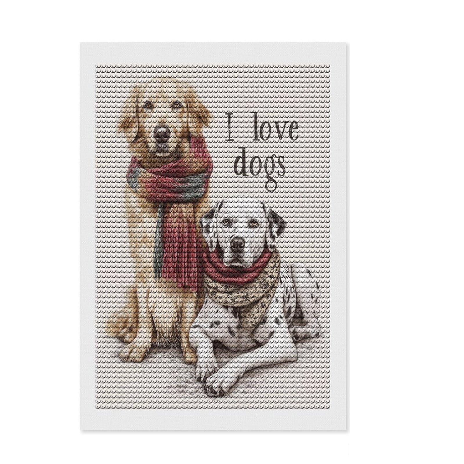 Junmoney Dog Love Duo Diamond Painting Set 8"x12", Stress Relief Craft, Finish and Display, Boho Decor, for Women, Sparkling Round Gems