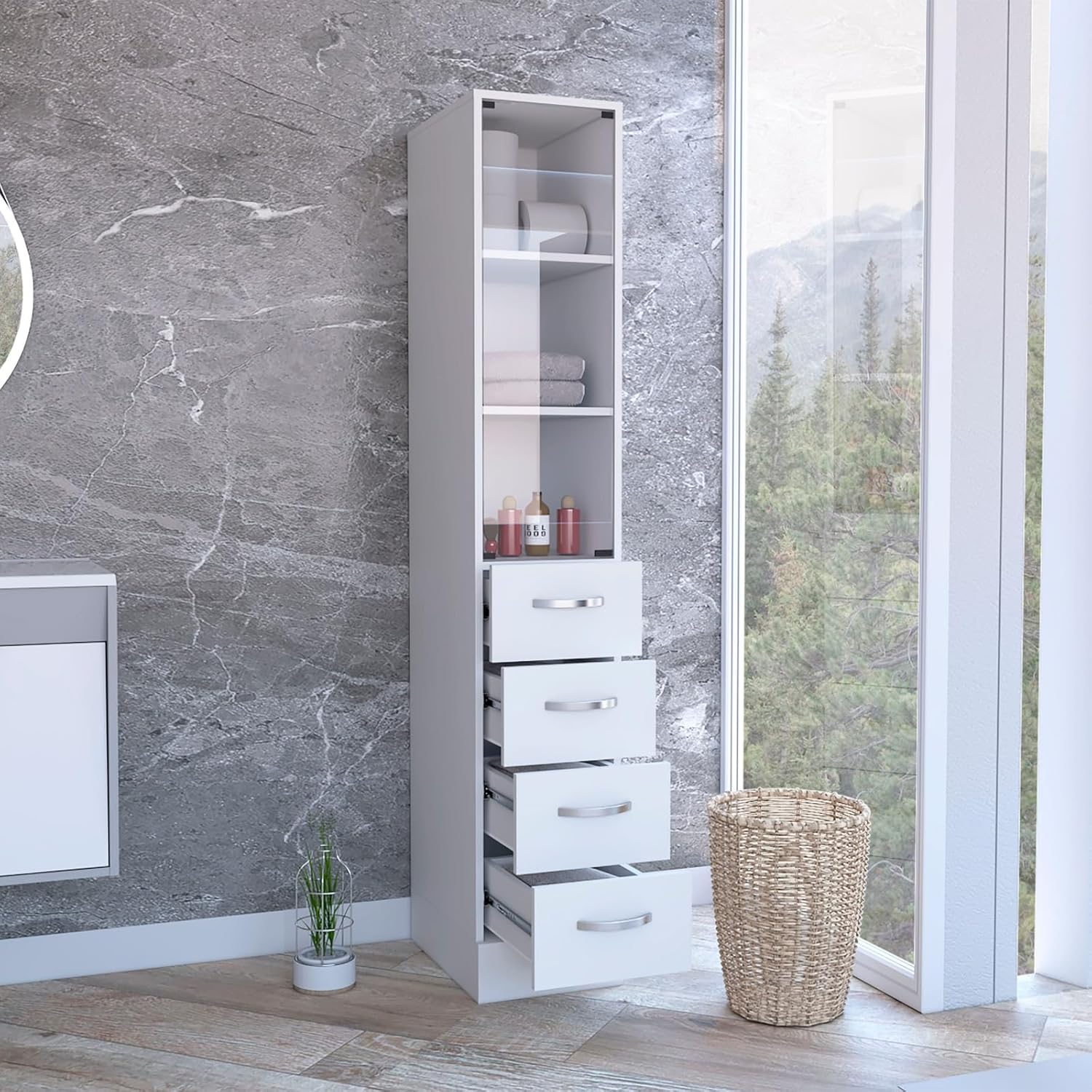 Linen Cabinet 68" H, Three Shelves, Four Drawers and Metal Handles, White