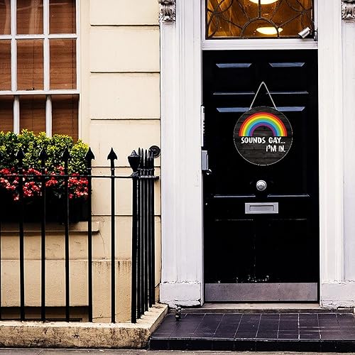 Miniatura 6 de Letrero de bienvenida con texto en inglés Pride Rainbow, redondo, de madera, con sonidos retro, con texto en inglés Gay I'm in Sign, decoración de