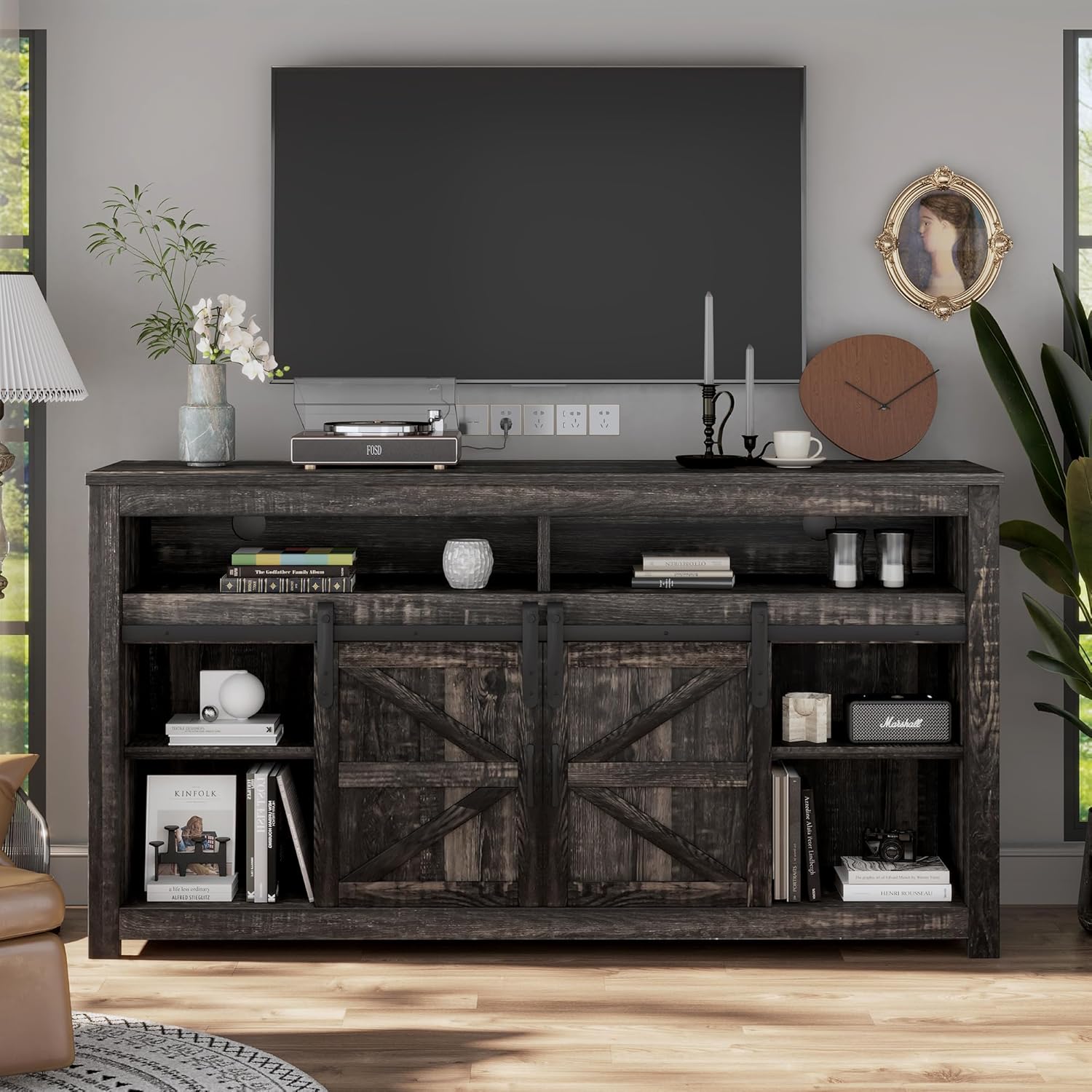 58" Fireplace TV Stand for TVs up to 65", Entertainment Center with Storage, 23" Electric Fireplace Insert Heater with Remote Control for Living Room & Bedroom, Black