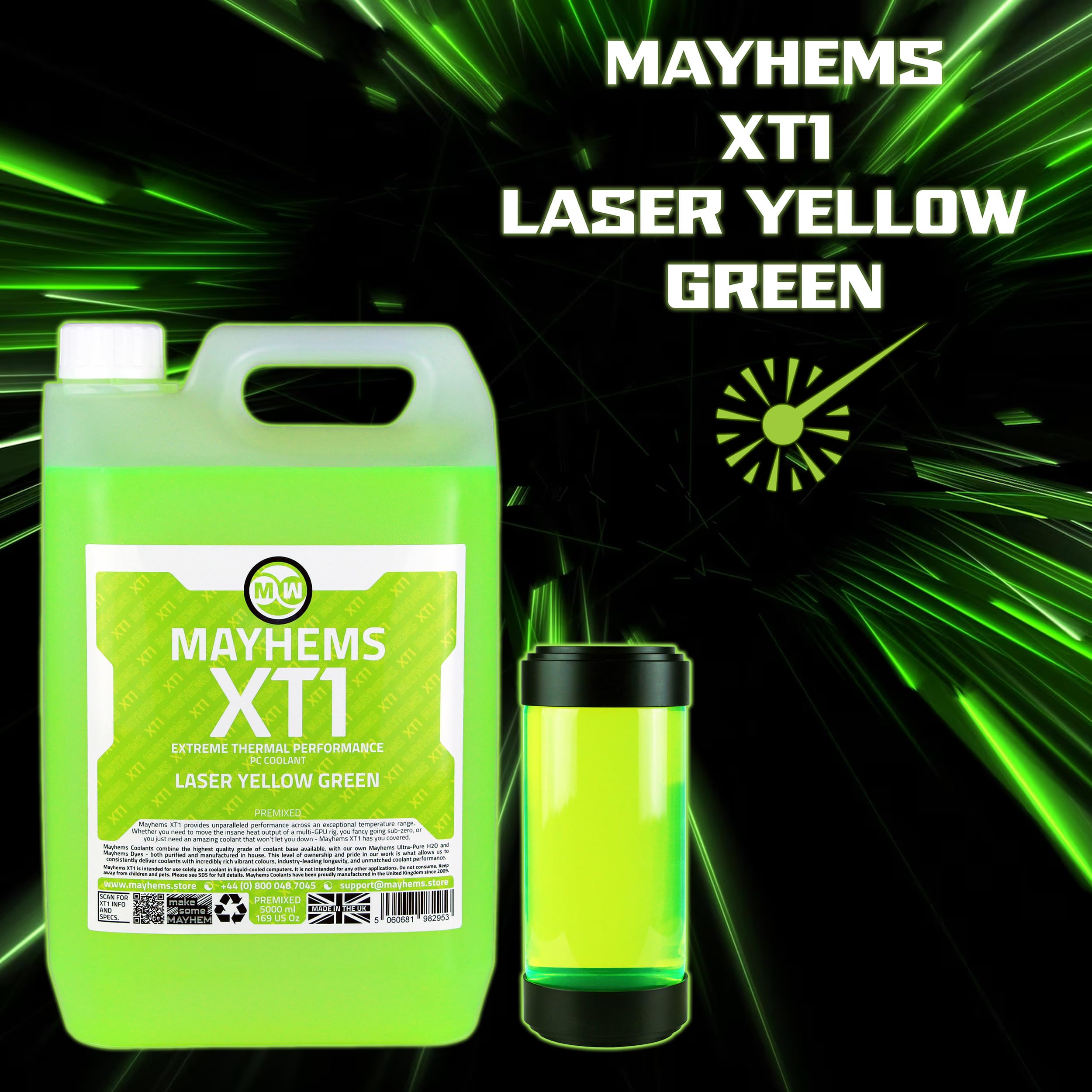 Mayhems - XT1 vorgemischtes PC-Kühlmittel - Computer-Wasserkühlflüssigkeit - flüssigkeitskühlung, thermische Leistungsserie, 5 liter, laser yellow green (gelbgrün)