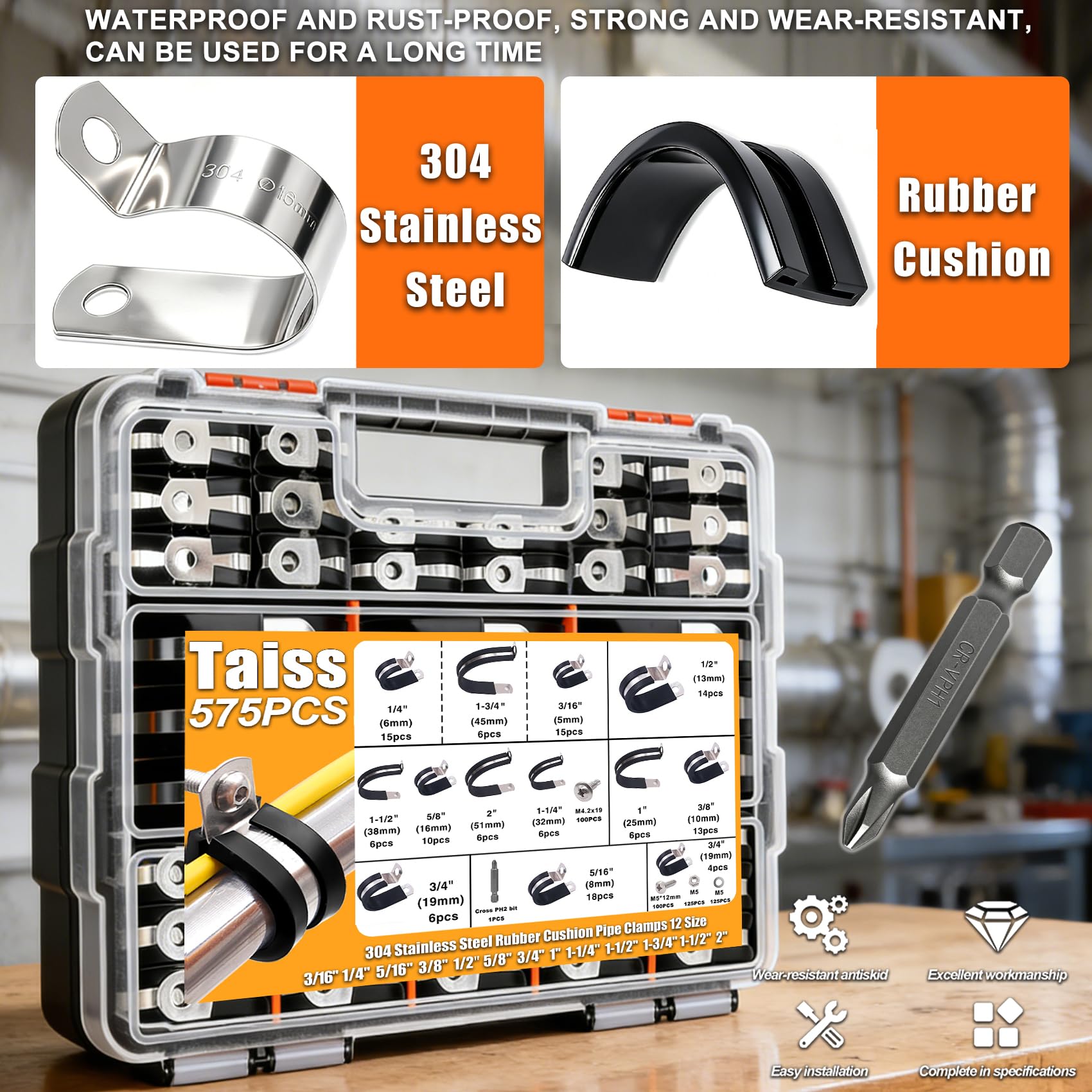 Taiss Kit assortito di 320 fascette stringicavo in acciaio inox 304 con cuscinetti in gomma e 12 misure da 3/16" 1/4" 5/16" 3/8" 1/2" 5/8" 3/4" 1" 1-1/4" 1-1/5 Morsetto per cavi da 0,1 cm (1-3/4" 5,1