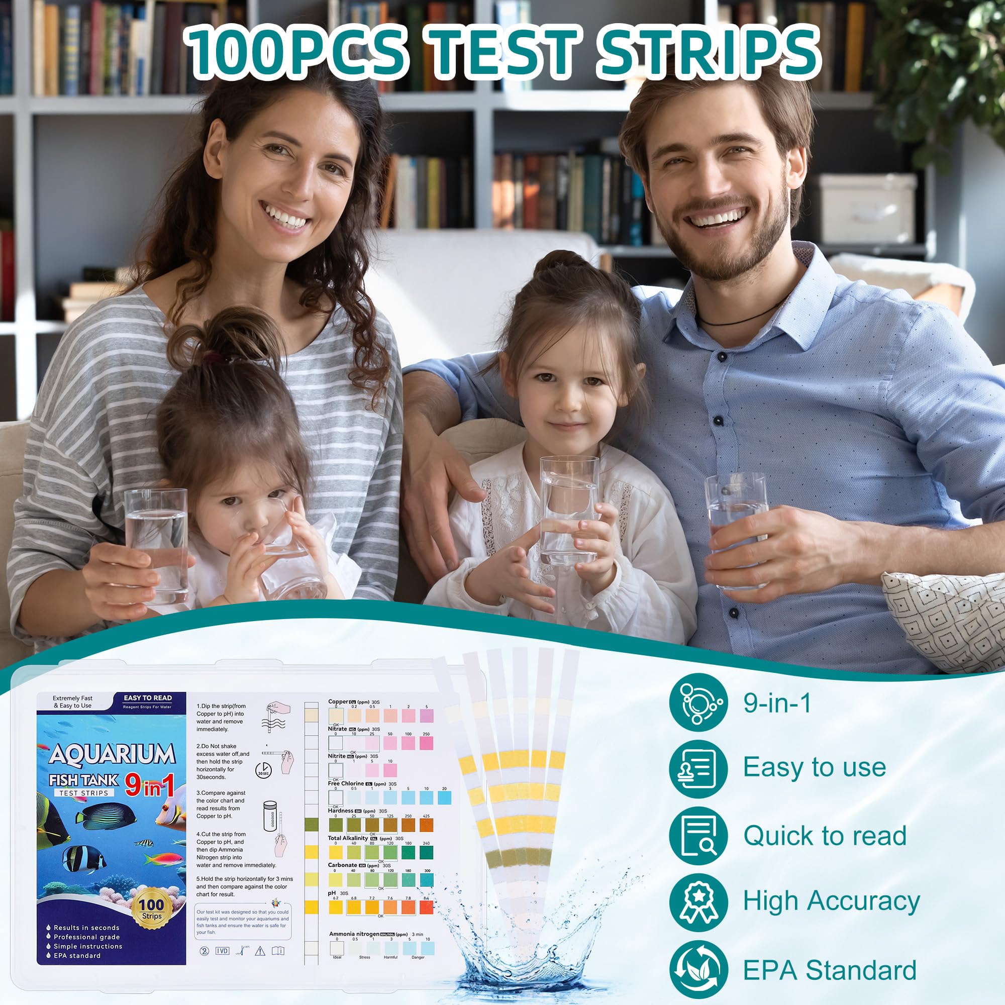 100 Pièces 9 en 1 Bandelettes de Test pour Aquarium, Test d'eau pour Aquariophilie, Bandelettes Test pour Ammoniac Azote Nitrate Chlore Libre Ph Nitrite Dureté Carbonatée Alcalinité Totale Cu