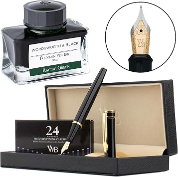 Wordsworth & Black Fountain Pen Set [Black Gold], Medium Nib, Includes 50 ml Pen Ink [Green], 24 Ink Cartridges, Refill Converter and Premium Gift Case