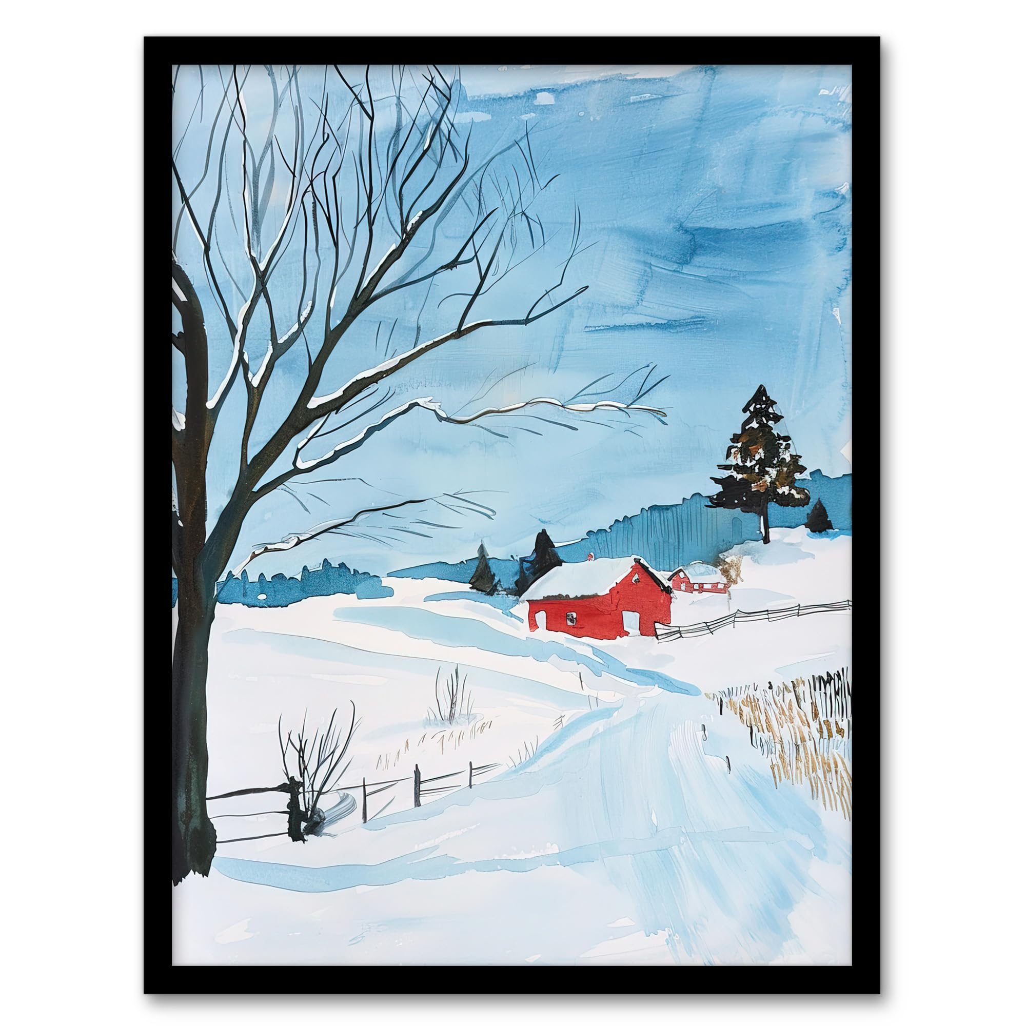 Artery8 Red Swedish Cottage in Winter Snow Countryside Living Room Artwork Framed Wall Art Print A4