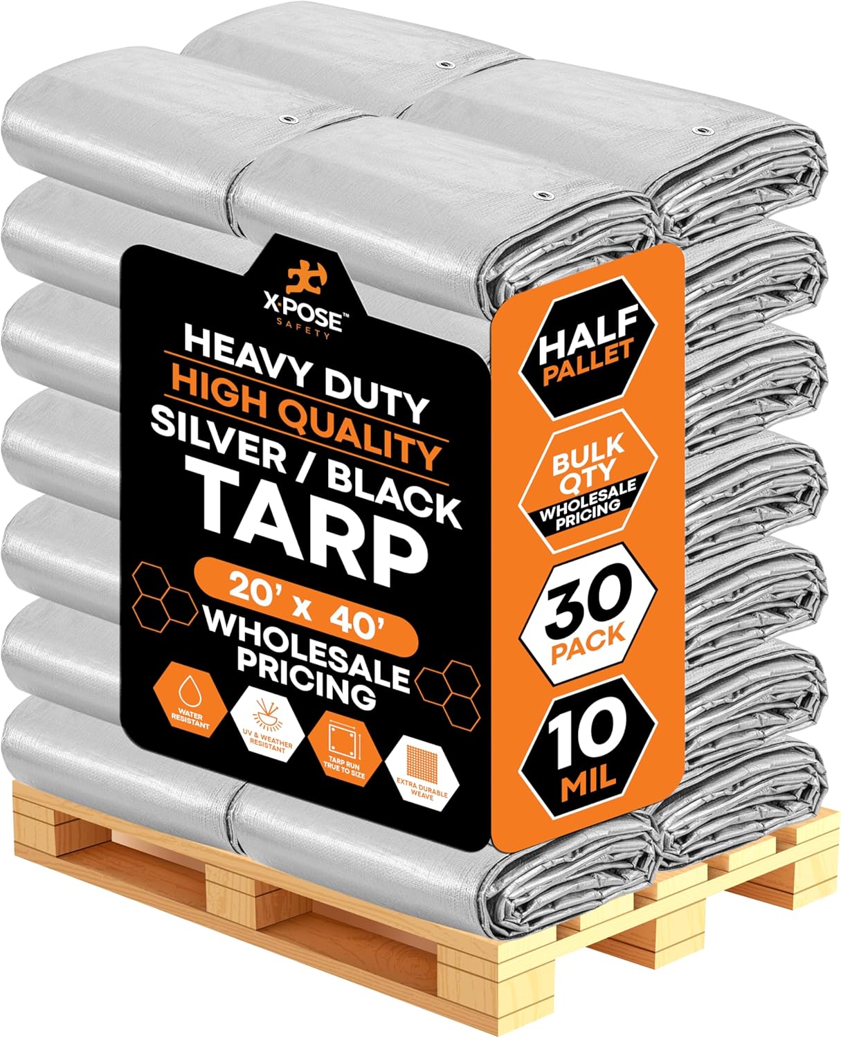 Heavy Duty Poly Tarp 20' x 40' - Bulk Half Pallet (30 Pack) Thick Waterproof, UV Blocking Protective Cover - Reversible Silver & Black - 10 Mil Thick Polyethylene - by Xpose Safety