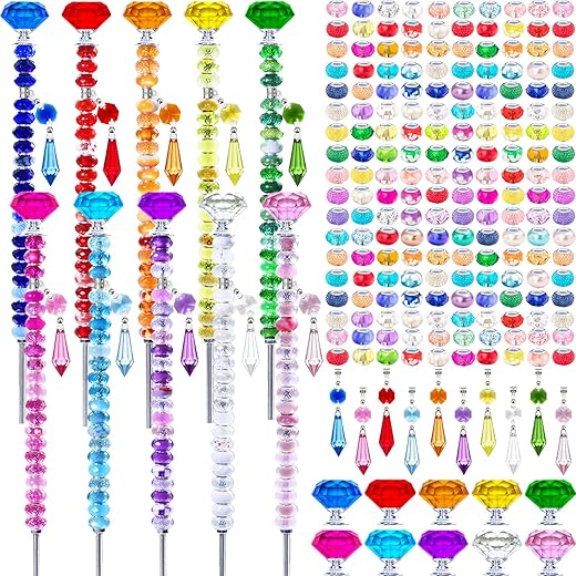 247 PCS Beaded Garden Stakes Kit, DIY Fairy Wand Garden Stake Beads Kits with Assortment Large Hole Beads 10 Crystal Stopper Top Threaded Rods and Sparkling Crystal Pendants for Outdoor Indoor Decor