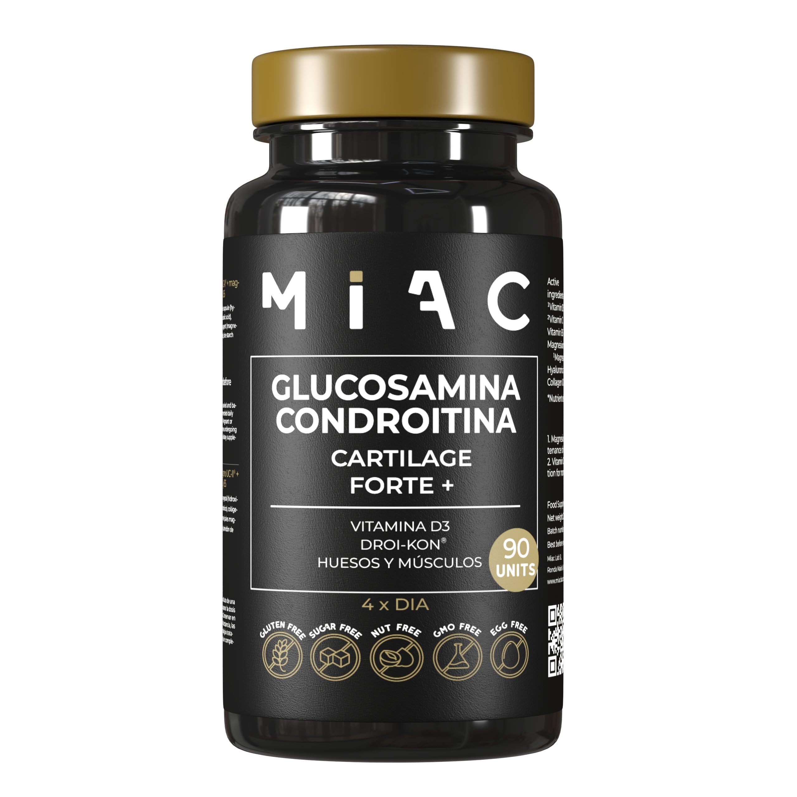 MIAC Glucosamina Condroitina | Glucosamina 1320 mg | Condroitina 880 mg | Con Vitamina D3 | 90 Cápsulas | Refuerza Cartílagos, Articulaciones y Huesos | Sin Gluten