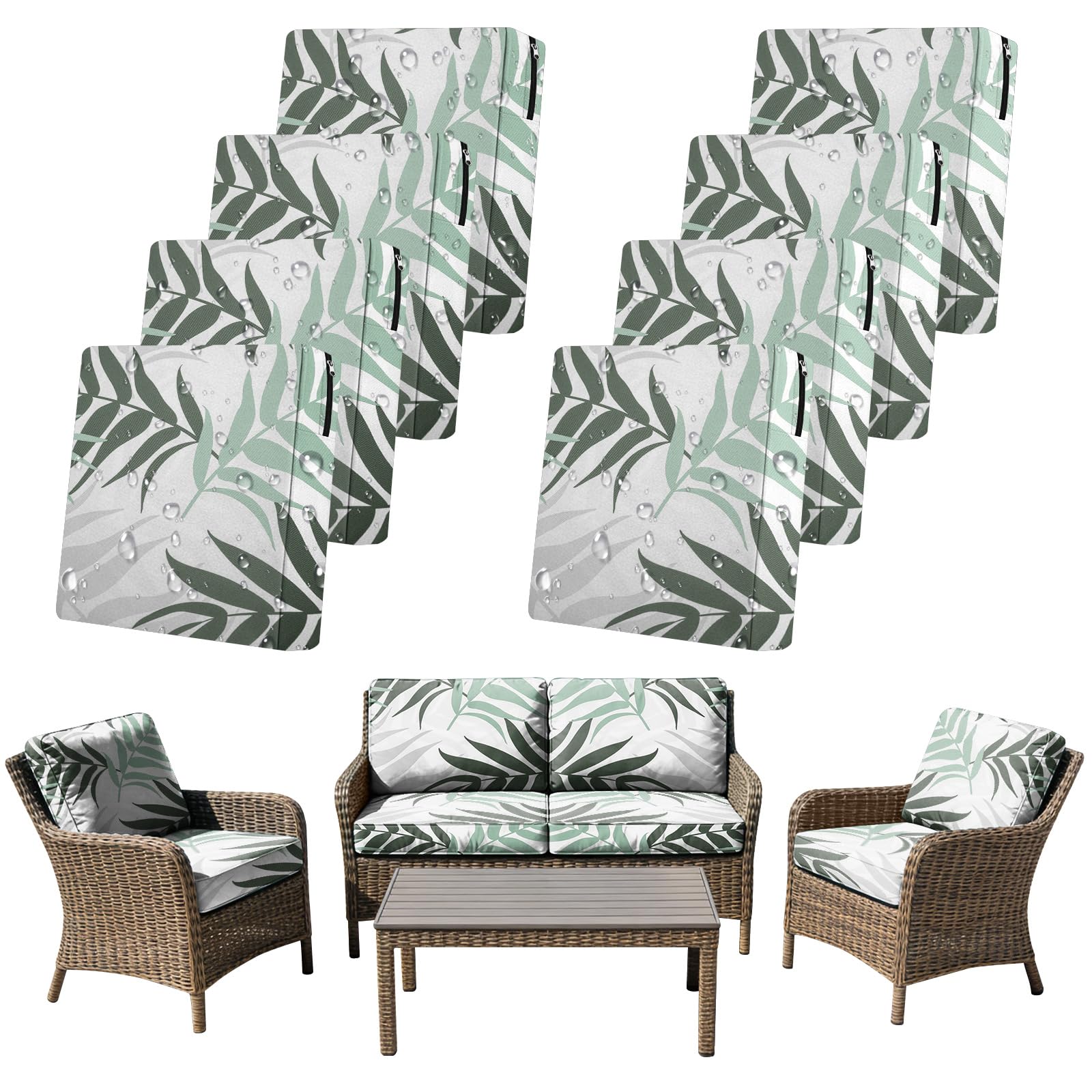 SYLC 8Pcs Outdoor Cushion Covers Waterproof Patio Cushion Covers Replacement with Zipper, Garden Rattan Sofa Seat Slipcovers Furniture Protector (Grey leaf,8pcs 55×45×10cm)