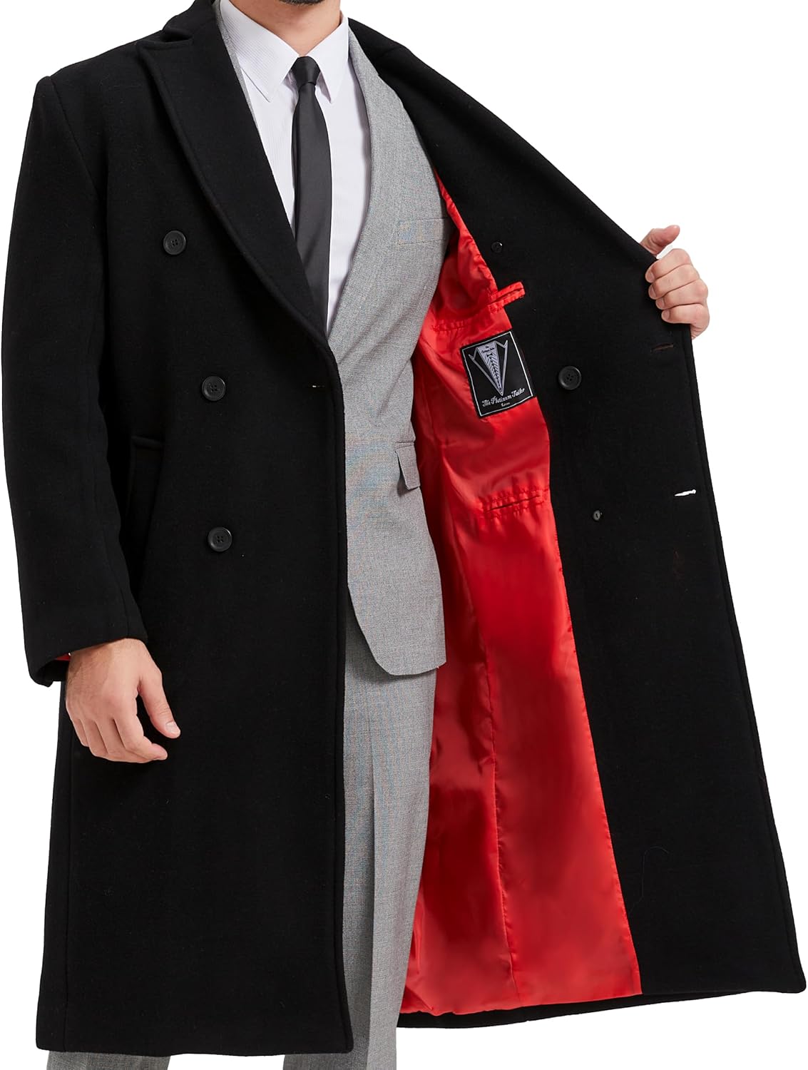 Mens Black Wool Double Breasted Overcoat – Cashmere Long Winter Coat, Peak Lapel Topcoat