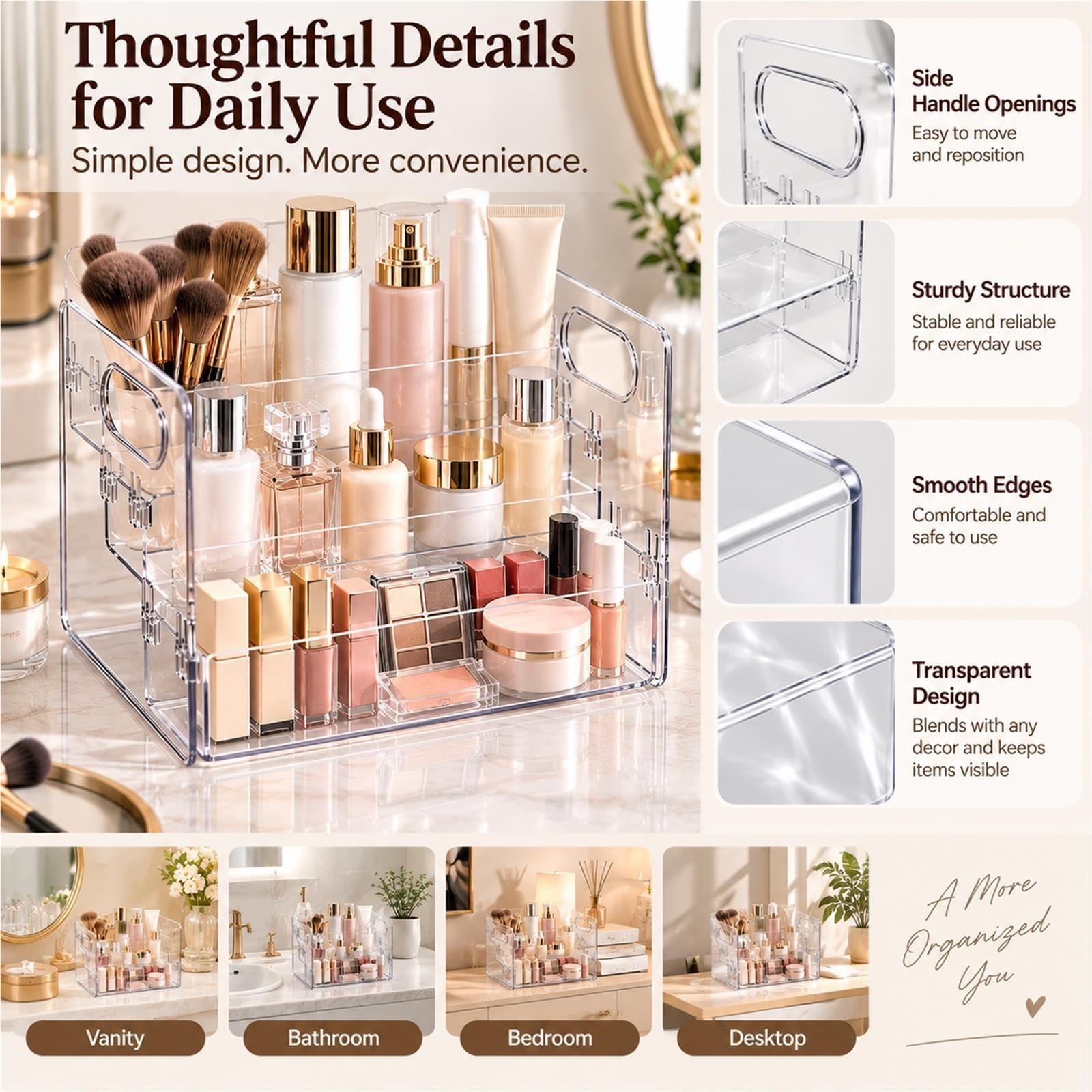 Organizer Trucco Trasparente a 3 Livelli per Cosmetici e Skincare
