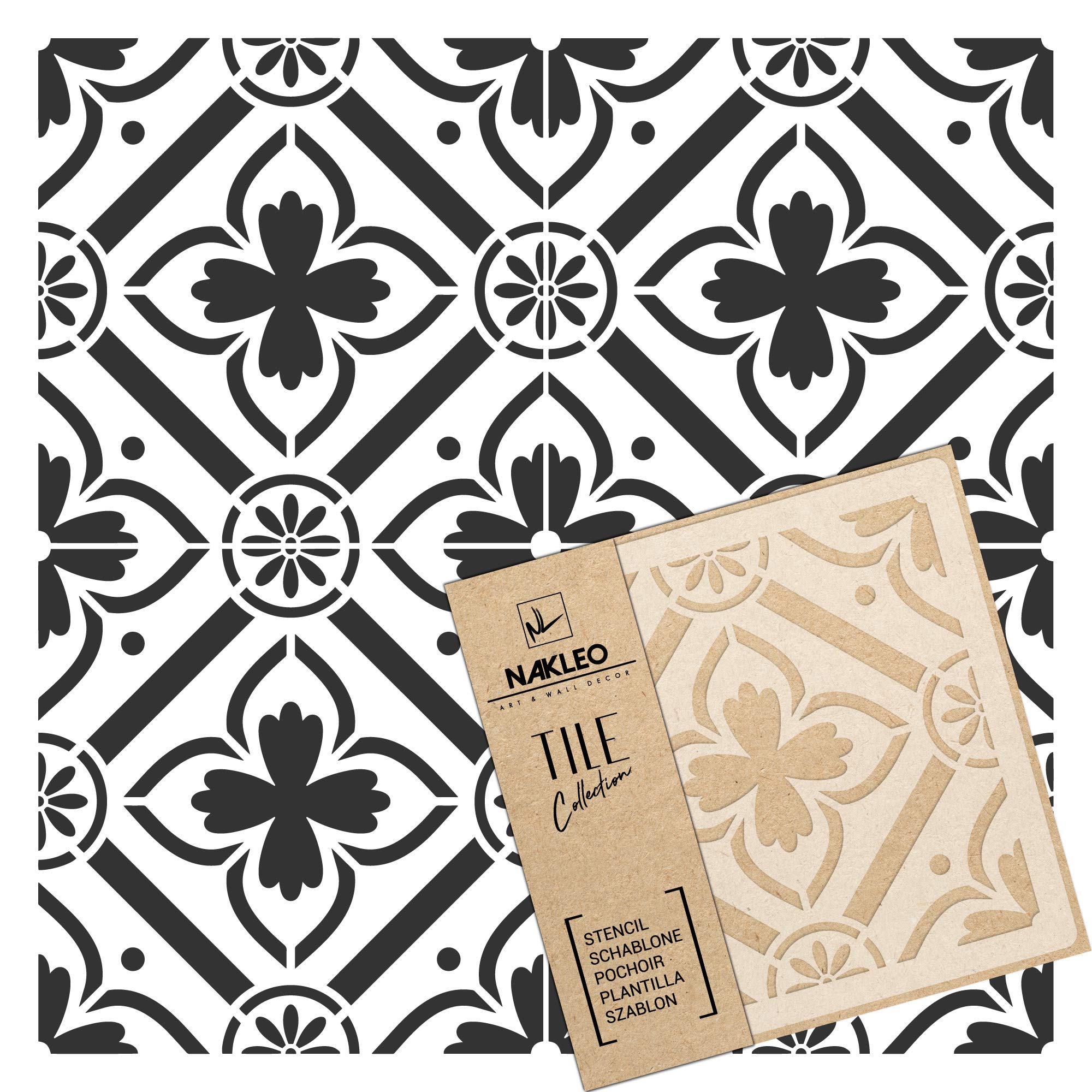 NAKLEO Tile Painting Stencil 45x45 cm, Romeira Spanish Moorish Flower Moroccan, Plastic Reusable Large Template, Home Decor Craft DIY, Floor Concrete Patio Wall - Terracotta