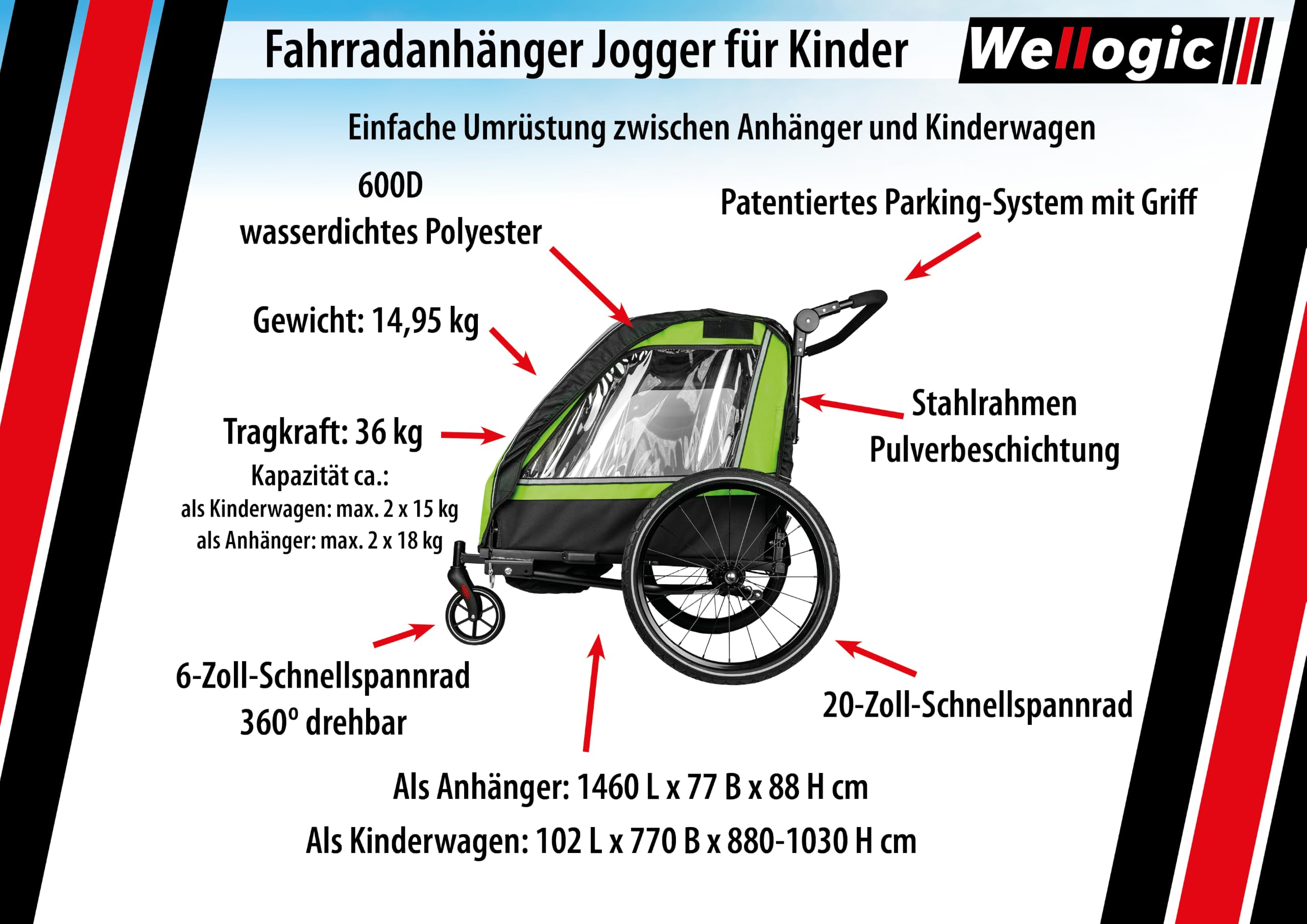 Rimorchio per bicicletta per bambini per 1-2 bambini, 2 in 1, rimorchio per bicicletta e passeggino fino a 36 kg, sistema di cintura a 5 punti, ruote da 20 pollici, ruote a sgancio rapido, sistema di
