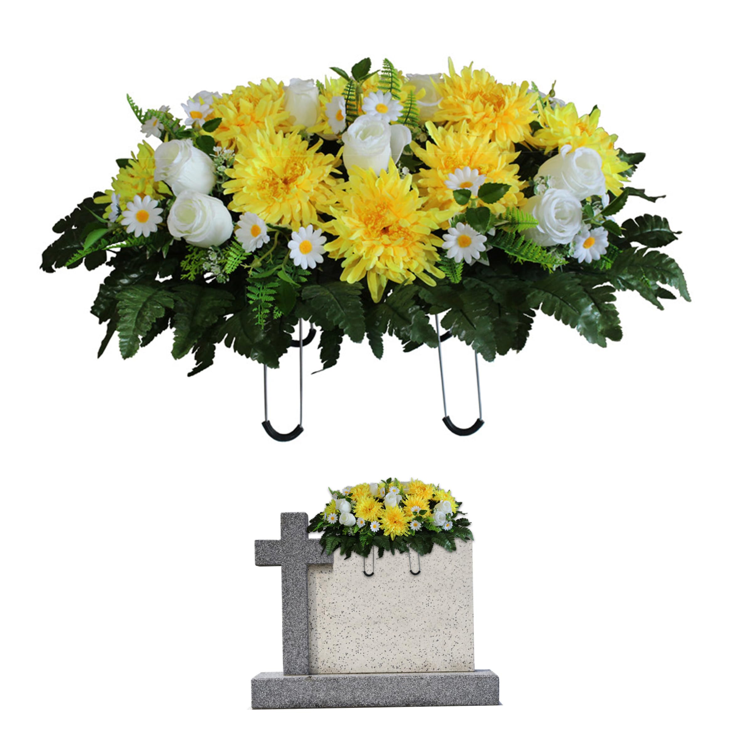 Faticenic Headstone Flower Saddle, Lifelike Artificial Cemetery Flowers For Grave, Outdoor Tombstone Decorations (yellow), Headstone Flower Saddle, Flowers