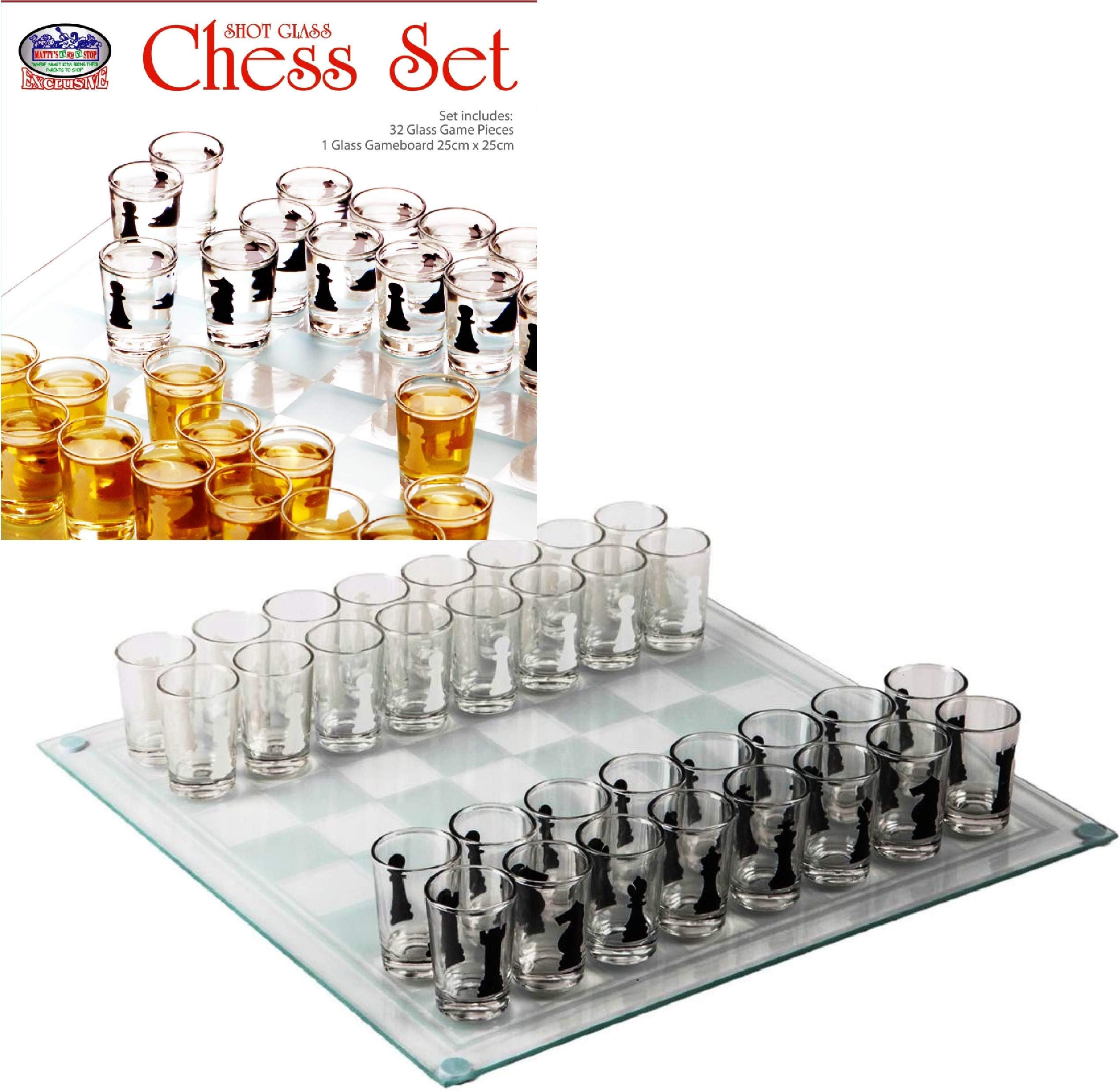 Matty's Toy Stop Small Shot Glass Chess Set Drinking Game Set (10" x 10") with Plastic Shot Glasses (1.5") and Glass Game Board - Drunken Chess