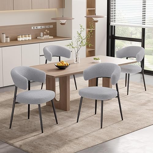 Miniatura 8 de Juego de 6 sillas de comedor, sillas de cocina modernas de mediados de siglo, silla de comedor tapizada Boucle con respaldo curvado y patas de metal
