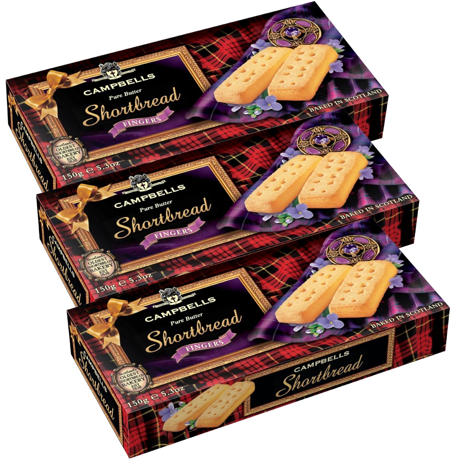 Campbells Shortbread Fingers Carton 5.29 Oz (Pack of 3) - Pure Butter Scottish Shortbread Cookies from Scotland, British Tea Biscuits, Gourmet Snack Gift Box, Traditional UK Butter Cookies