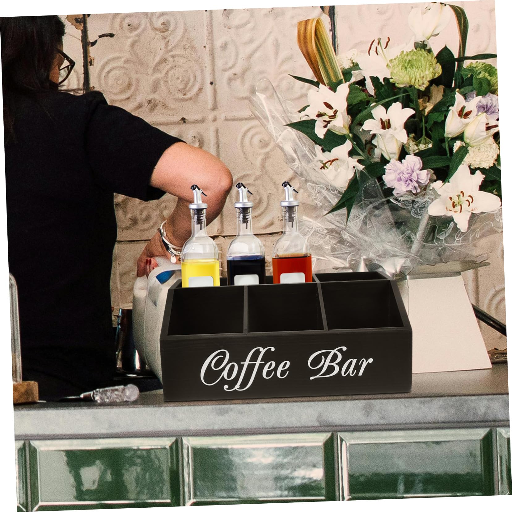 Cabilock Kaffeestation-organizer Aus Holz Multifunktionaler Aufbewahrungsbox Für Arbeitsplatte Kaffeezubehör Organizer Mit Fachdesign Für Zuckerpäckchen Papiertücher Strohhalme Besteck