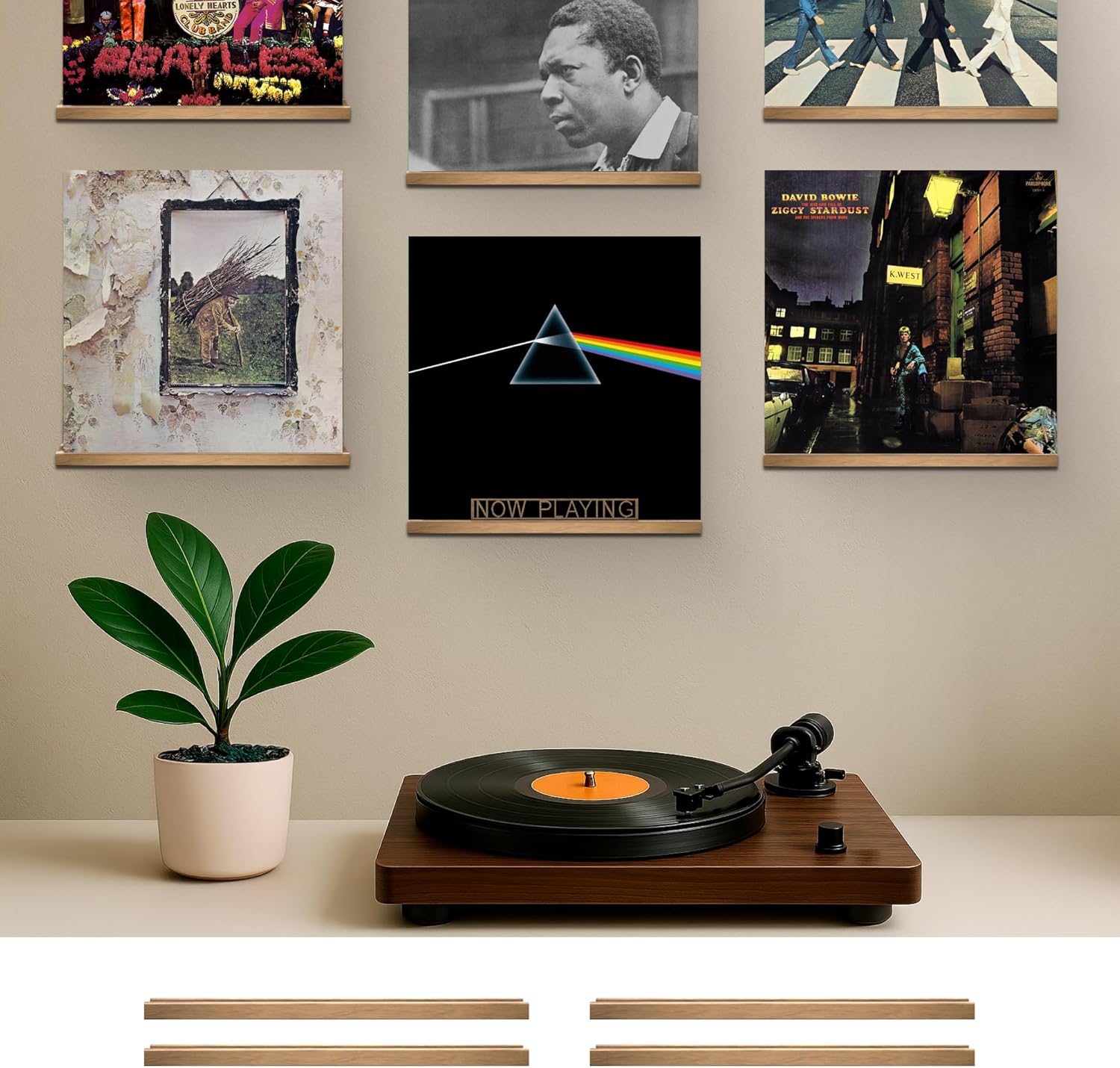 VOL-KI 4-Pack Vinyl Record Shelf Wall Mount – Solid NZ Pine Wood Floating Vinyl Display Shelf & Record Holder, Includes Now Playing Display, Marking Strip & Mini Level (Rich Walnut)