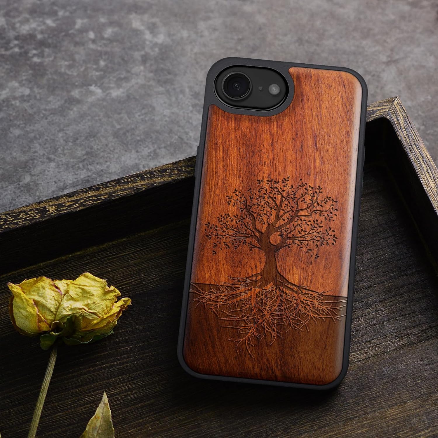 Carveit Magnetic Wooden Case for iPhone 16e / 17e, Solid Wood & Black TPU, Artisan Engraved Design, Shockproof Cover, Compatible with MagSafe Wireless Chargers, The Yin Yang Tree - Rosy