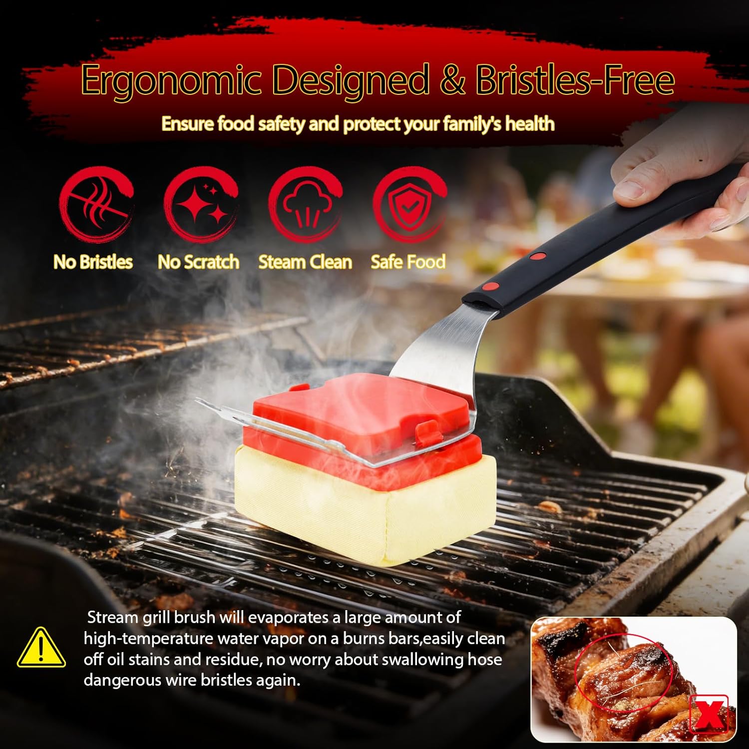 Grill Brush Bristle Free,BBQ Grill Brushes and Scraper for Outdoor Grill Steam Cleaner for Cast Iron/Stainless Steel Grates Safe Barbecue Cleaner Brush with Replaceable Cleaning Head