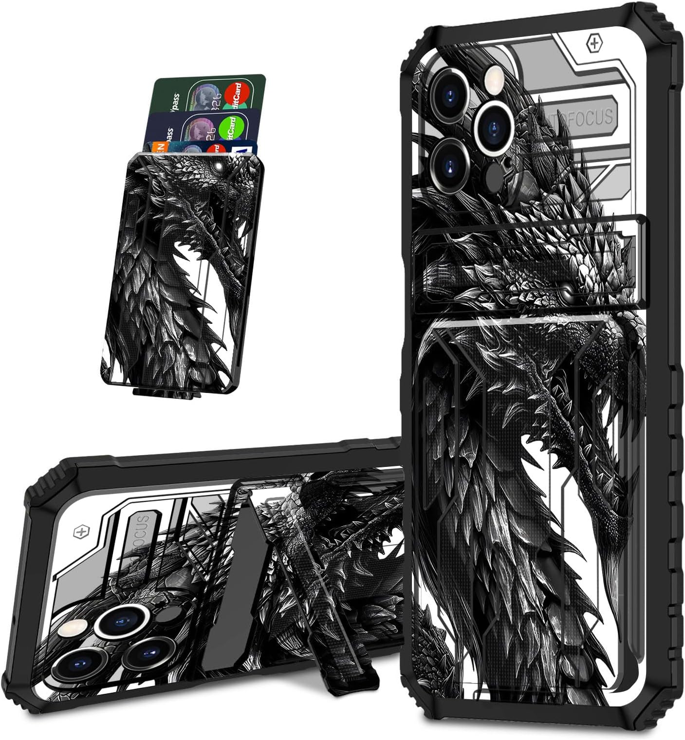 for iPhone 16 Pro Max Case, Black Shock-Absorbing TPU with Kickstand Detachable IDs Credit Card Slot Wallet Case for iPhone 16 Pro Max 6.9-Inch,Black White Dragon