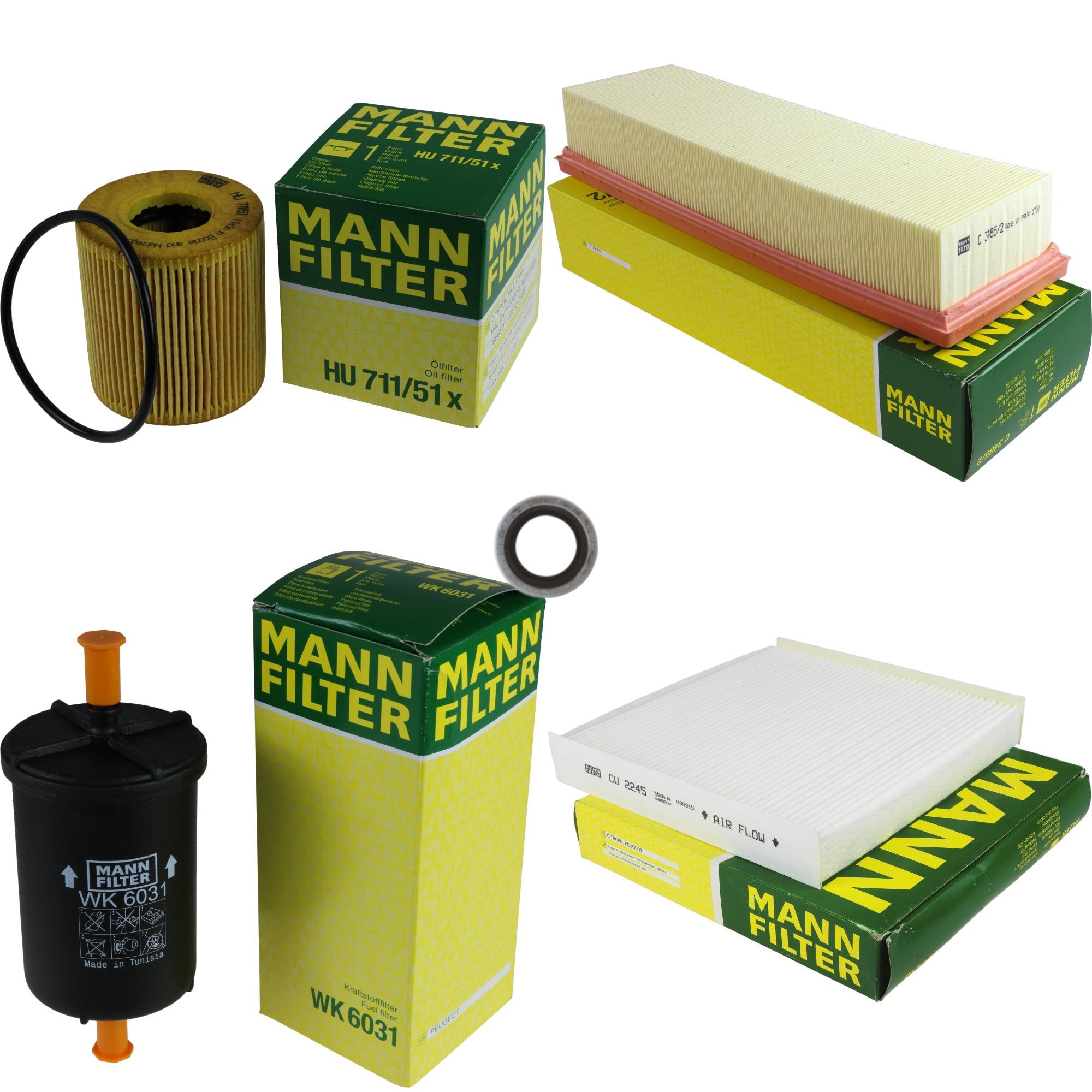 Paquete de inspección Kit de mantenimiento de filtros con filtro de aceite HU 711/51 x, filtro de aire C 3485/2, filtro de combustible WK 6031, filtro de habitáculo CU 2245, anillo de