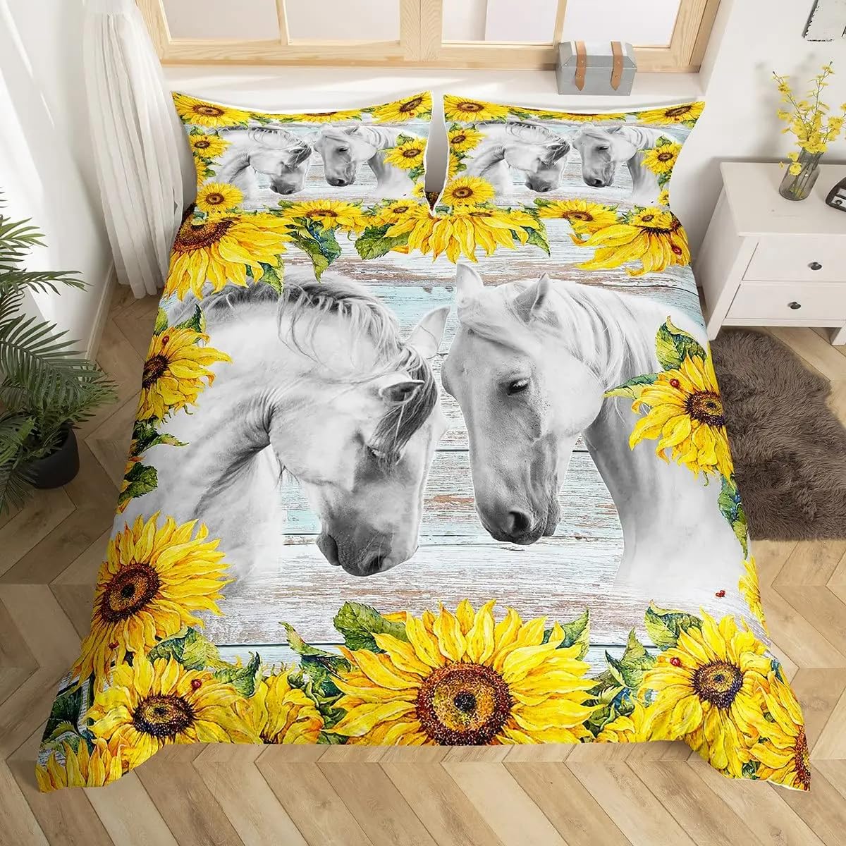 QBIDCSX Bedding Double Bed Set White horses Bedding Double Bed Set - Microfibre Quilt Cover 230x220 cm - Comforter Cover with 2 Pillowcases(Double)