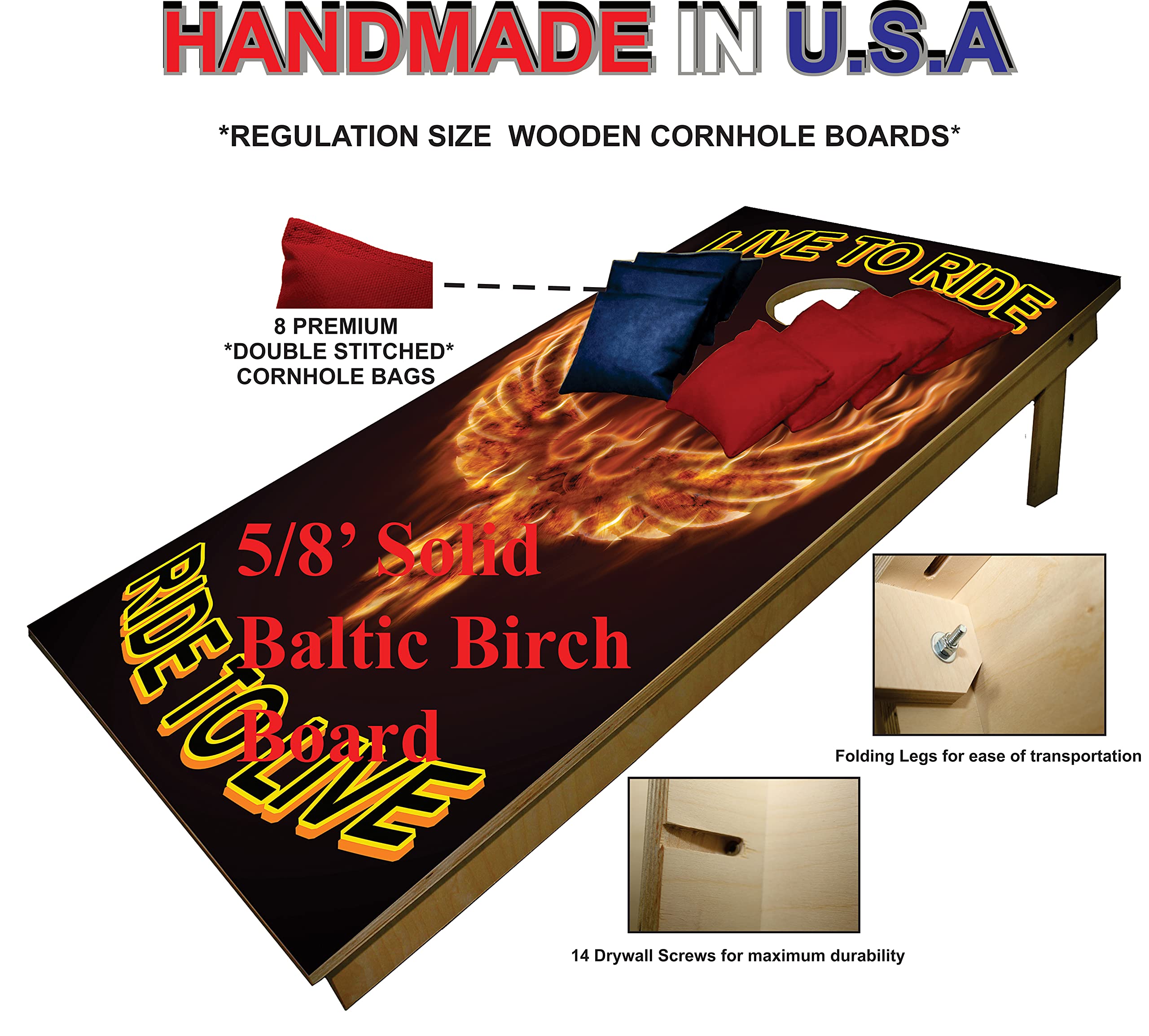 Premium Cornhole Set - Harley Biker Fans Eagle Tailgate Cornhole Boards w Set of 8 Cornhole Bags! 404