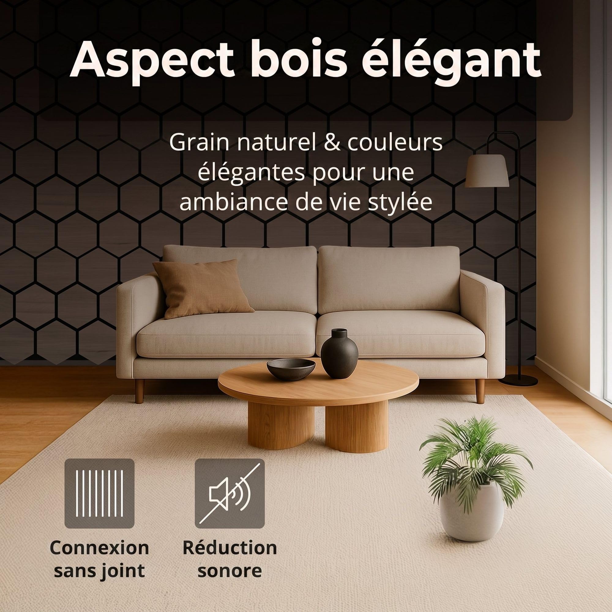 4x Panneaux acoustiques à motif hexagonal 76 x 62cm Noyer bois
